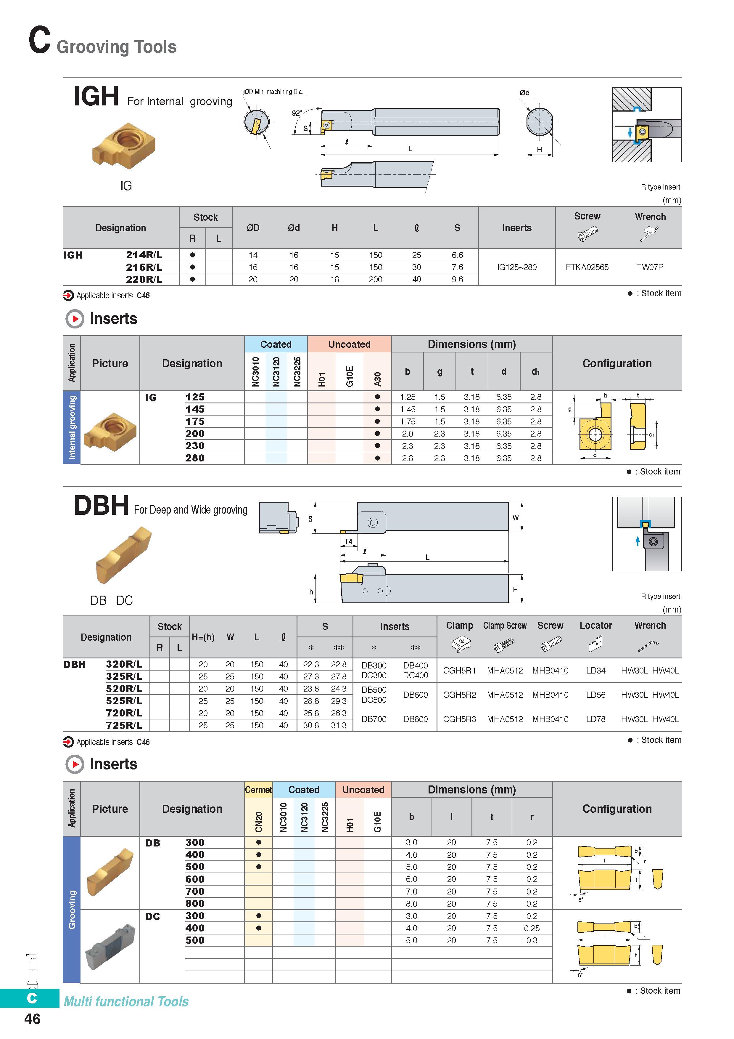 305 Grooving Tools IGH For Internal grooving J0D Min machining Dia IG 92 I cF Wp 'h 1 (- J I V / 5S T 1 R type insert (mm) Designation Stock 0D 0d H L I S Inse Каталог KORLOY 2016 Металлорежущий инструмент для точения фрезерования сверления и инструментальная станочная оснастка для металлообрабатывающих станков Стр. C46