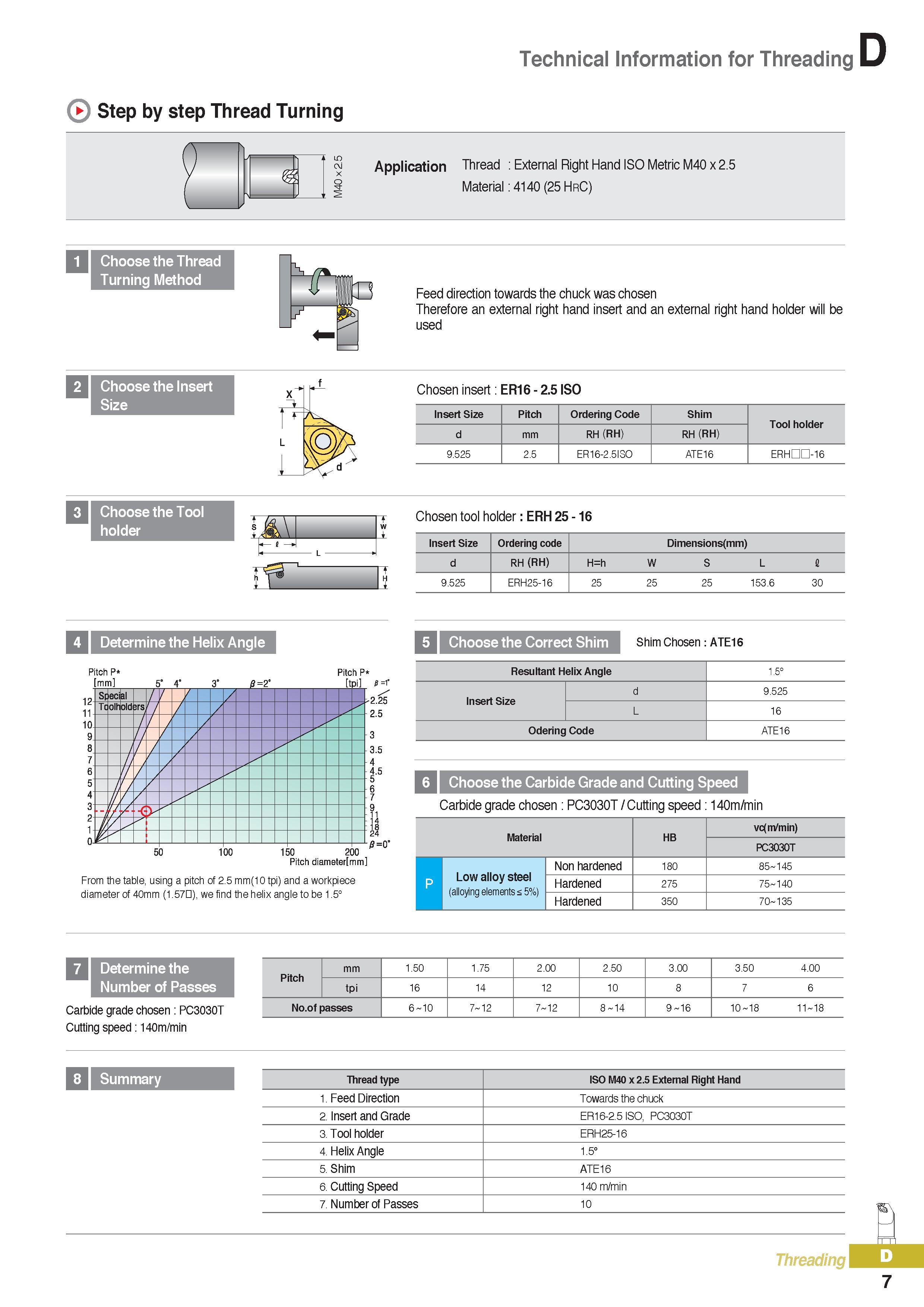 332 Technical Information for Threading D Step by step Thread Turning Choose the Thread Turning Method W F Therefore an external right hand insert and an exter Каталог KORLOY 2016 Металлорежущий инструмент для точения фрезерования сверления и инструментальная станочная оснастка для металлообрабатывающих станков Стр. D7