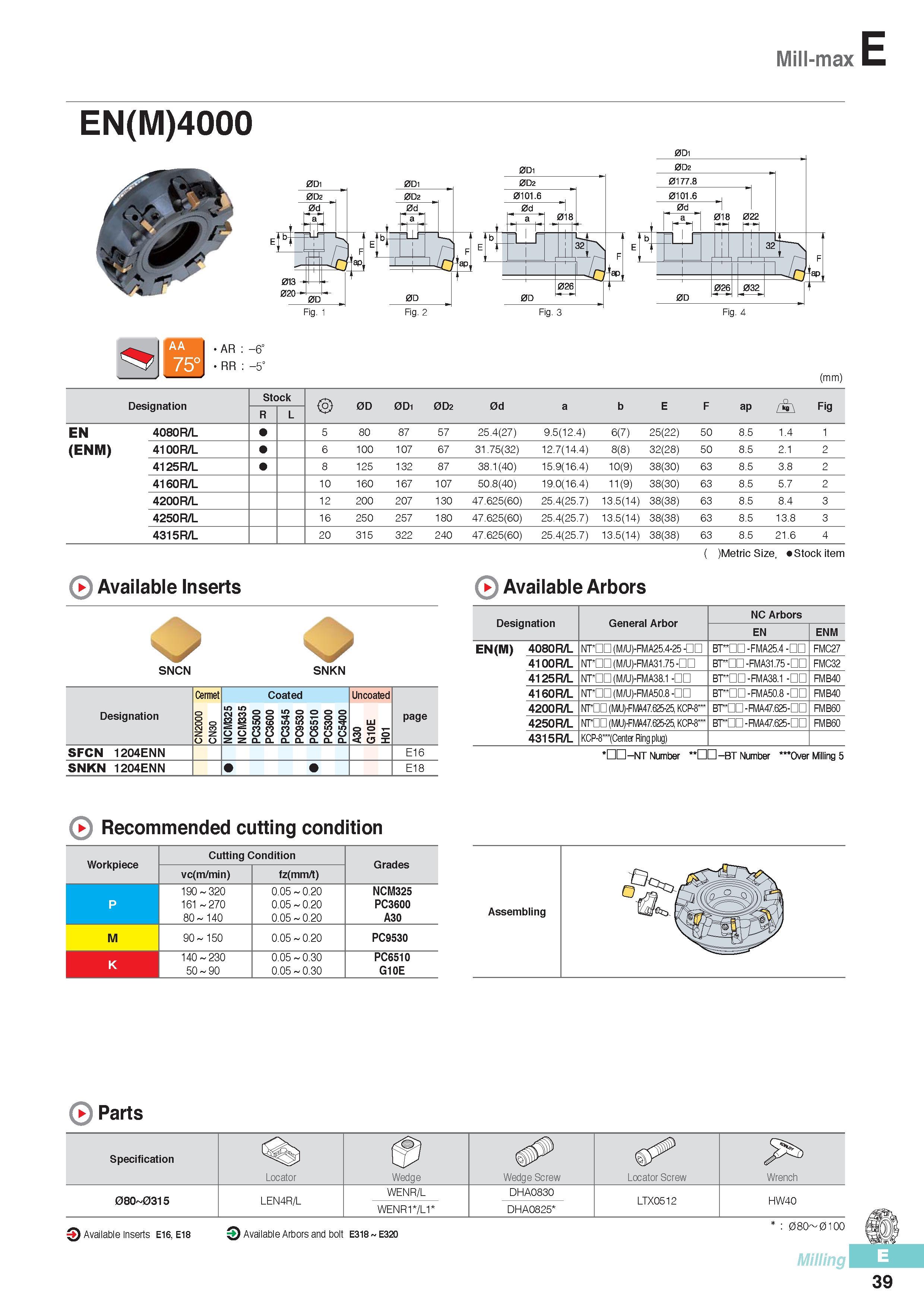 426 Mill-max EN(M)4000 AR -6° RR -5° (mm) Designation Stock 0D 0Di 0D2 0d a b E F ap Fig R L EN 4080R/L 5 80 87 57 25 4(27) 9 5(12 4) 6(7) 25(22) 50 8 5 1 4 1 Каталог KORLOY 2016 Металлорежущий инструмент для точения фрезерования сверления и инструментальная станочная оснастка для металлообрабатывающих станков Стр. E39
