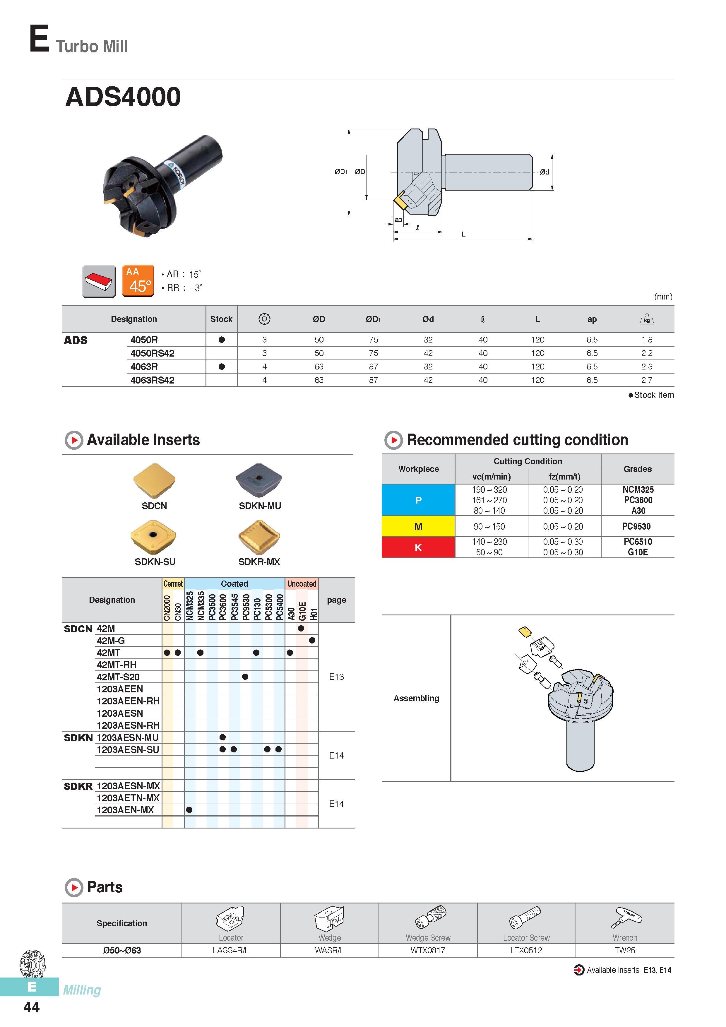 431 Turbo Mill ADS4000 AR 15° RR -3° (mm) Designation Stock 0D 0Di 0d I L ap ADS 4050R 3 50 75 32 40 120 6 5 1 8 4050RS42 3 50 75 42 40 120 6 5 2 2 4063R 4 63 Каталог KORLOY 2016 Металлорежущий инструмент для точения фрезерования сверления и инструментальная станочная оснастка для металлообрабатывающих станков Стр. E44