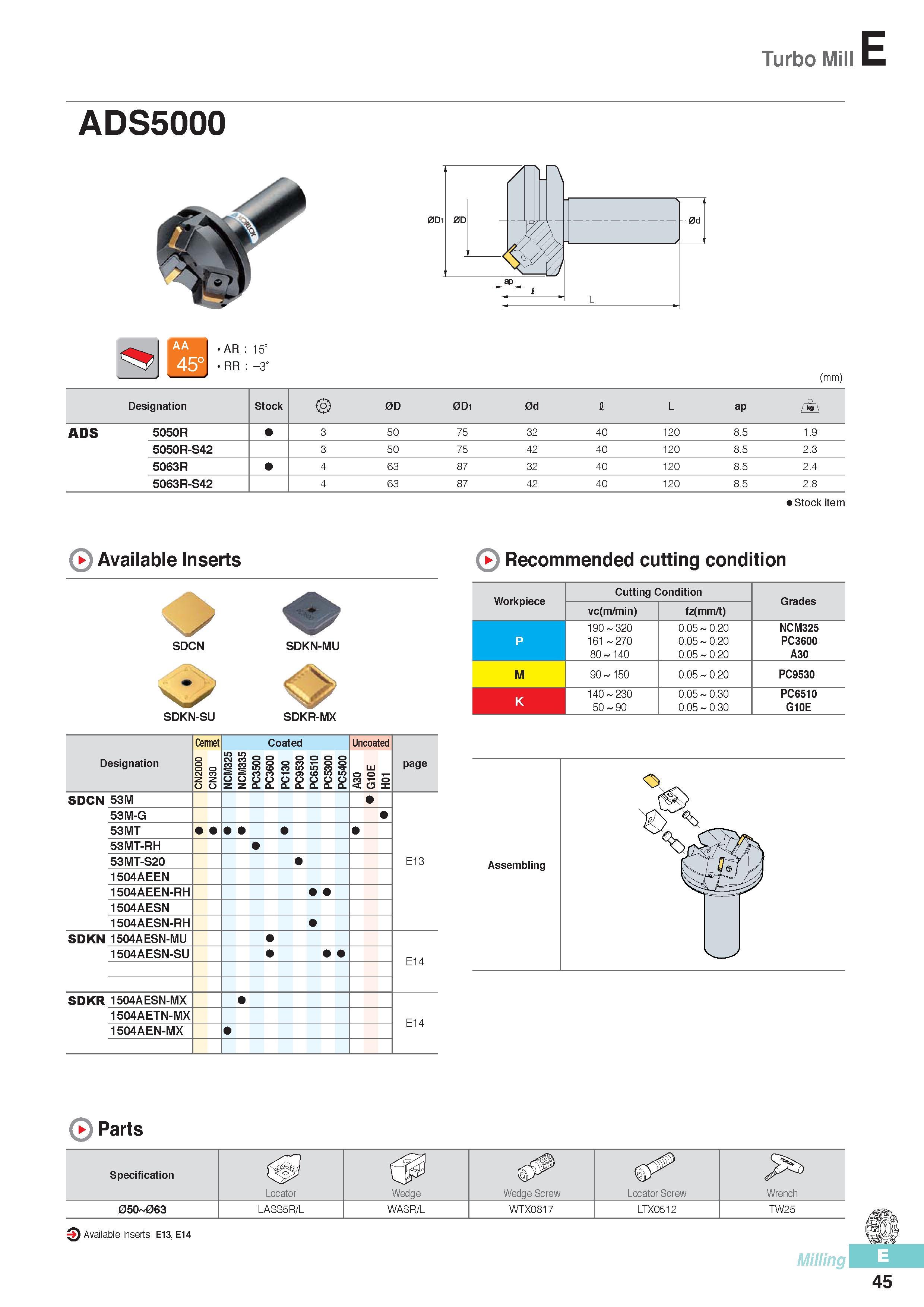 432 Turbo Mill ADS5000 AR 15° RR -3° (mm) Designation Stock 0D 0Di 0d I L ap ADS 5050R 3 50 75 32 40 120 8 5 1 9 5050R-S42 3 50 75 42 40 120 8 5 2 3 5063R 4 63 Каталог KORLOY 2016 Металлорежущий инструмент для точения фрезерования сверления и инструментальная станочная оснастка для металлообрабатывающих станков Стр. E45