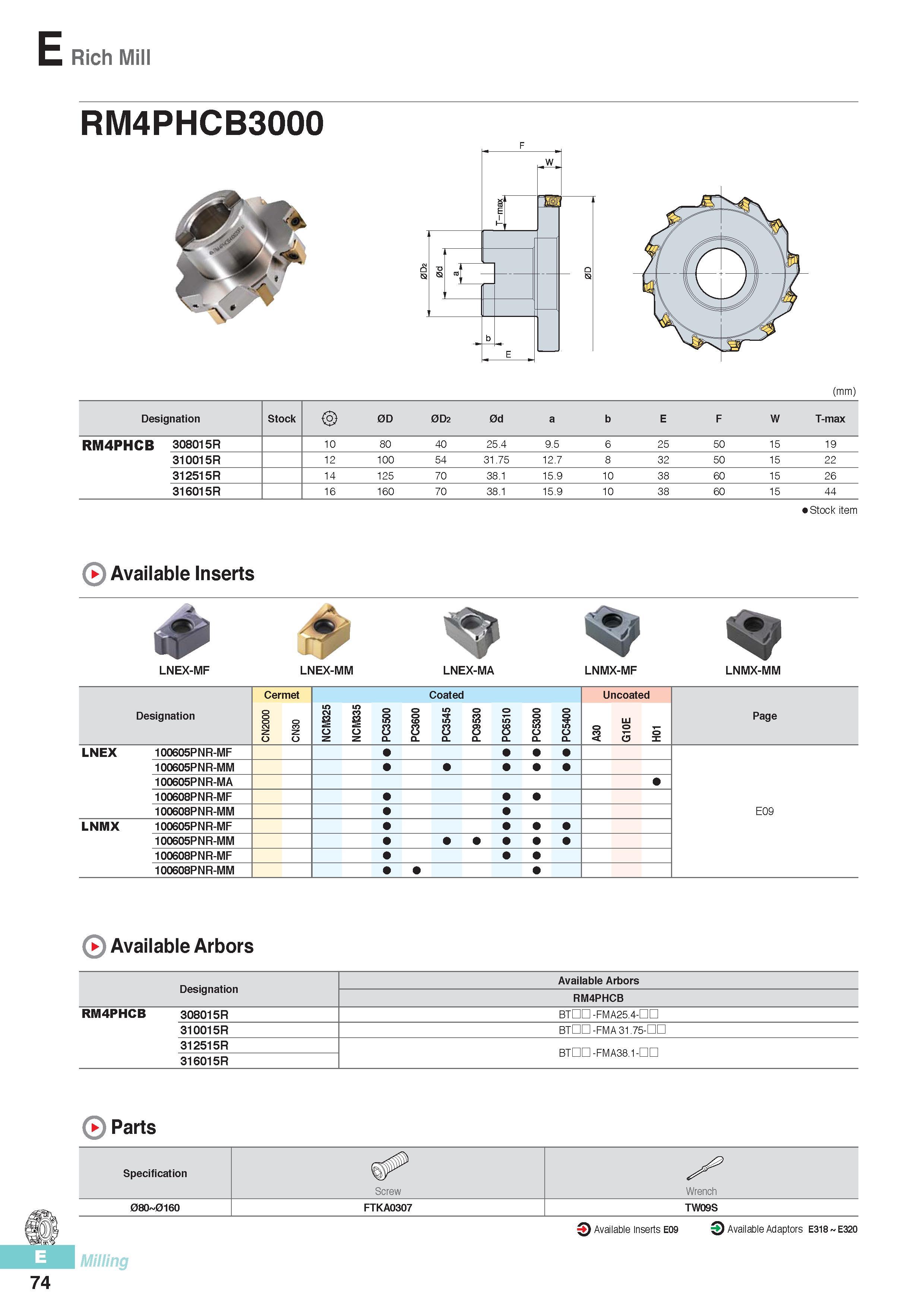 461 E Rich Mill RM4PHCB3000 (mm) Available Inserts LNEX-MF LNEX-MA LNMX-MF Designation Cermet Coated Uncoated Page CN2000 CN30 NCM325 NCM335 PC3500 PC3600 PC35 Каталог KORLOY 2016 Металлорежущий инструмент для точения фрезерования сверления и инструментальная станочная оснастка для металлообрабатывающих станков Стр. E74