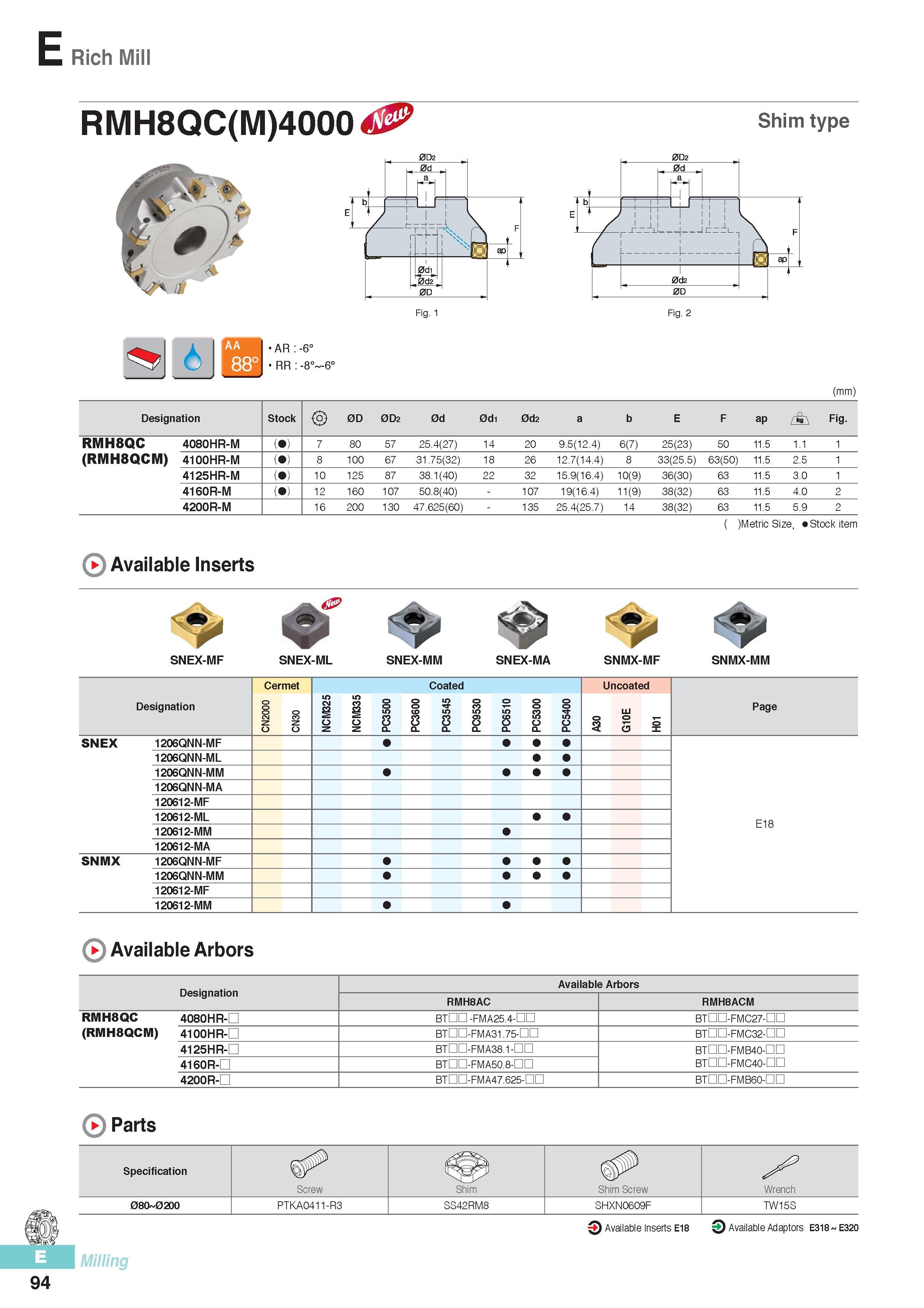 481 E Rich Mill Shim type AR:-6° RR -8° -6° (mm) Designation Stock 0D 0D2 0d 0di 0d2 a b E F ap k\ Fig RMH8QC 4080HR-M ( ) 7 80 57 25 4(27) 14 20 9 5(12 4) 6(7 Каталог KORLOY 2016 Металлорежущий инструмент для точения фрезерования сверления и инструментальная станочная оснастка для металлообрабатывающих станков Стр. E94