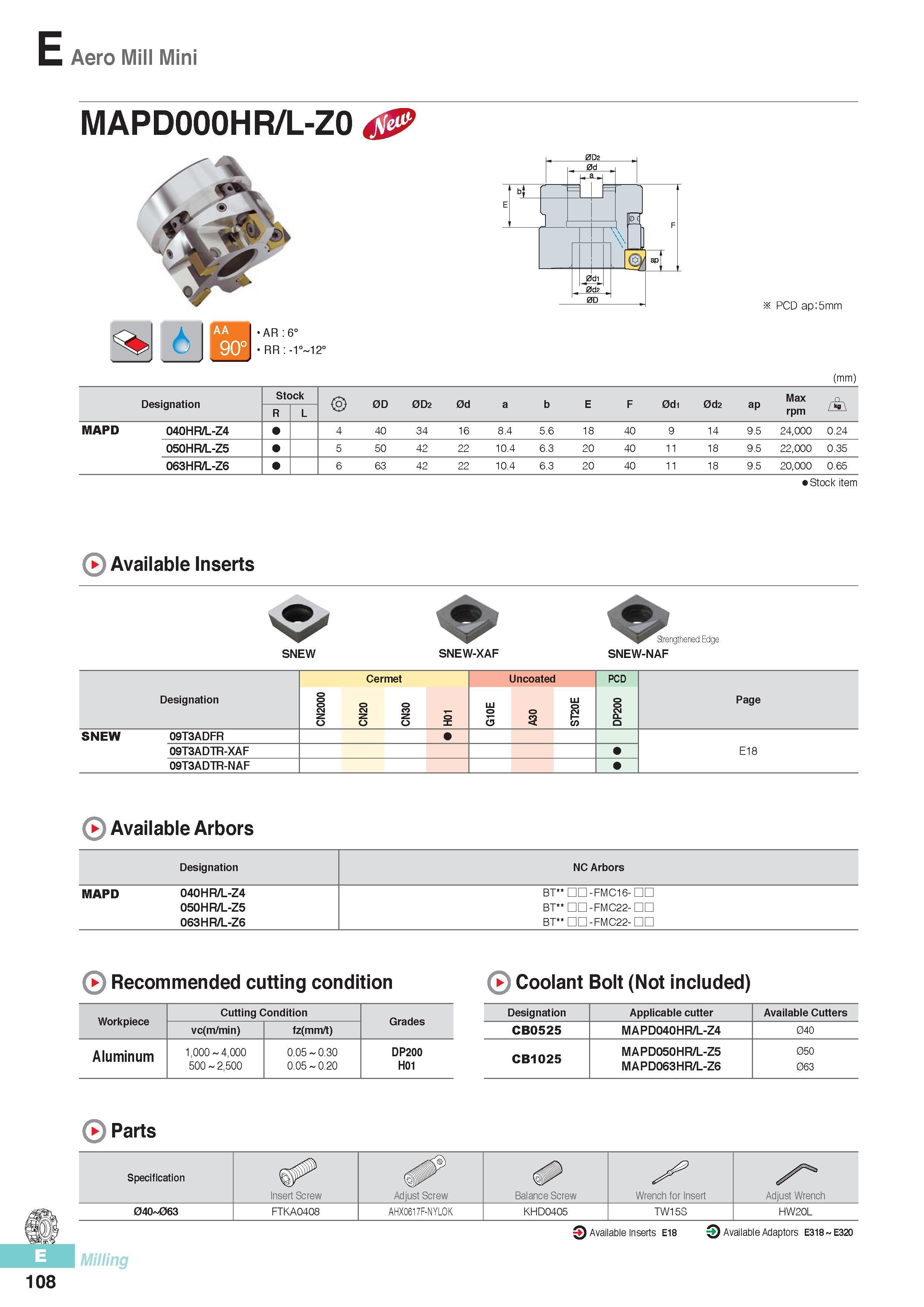 495 Aero Mill Mini AR :6° I RR -1° 12° R 0di 0d2 0D PCD ap:5mm (mm) Designation Stock 0D 0D2 0d a b E F 0d1 0d2 ap Max f+\ R L rpm MAPD 040HR/L-Z4 4 40 34 16 8 Каталог KORLOY 2016 Металлорежущий инструмент для точения фрезерования сверления и инструментальная станочная оснастка для металлообрабатывающих станков Стр. E108