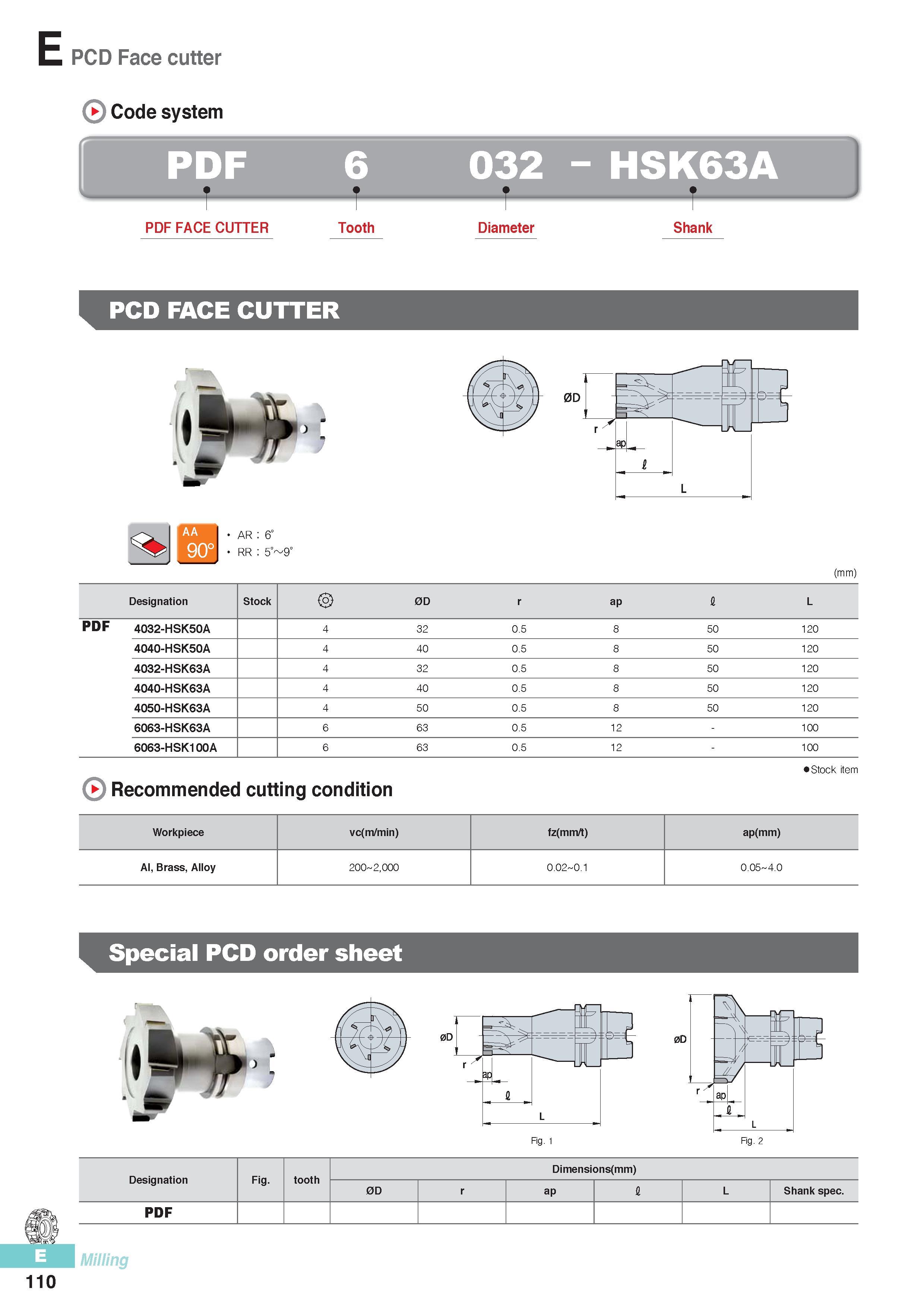 497 E PCD Face cutter Code system PDF PDF FACE CUTTER Tooth 032 - HSK63A Diameter Shank PCD FACE CUTTER AR 6 RR 5° (mm) Designation Stock 0D ap I L PDF 4032-HS Каталог KORLOY 2016 Металлорежущий инструмент для точения фрезерования сверления и инструментальная станочная оснастка для металлообрабатывающих станков Стр. E110