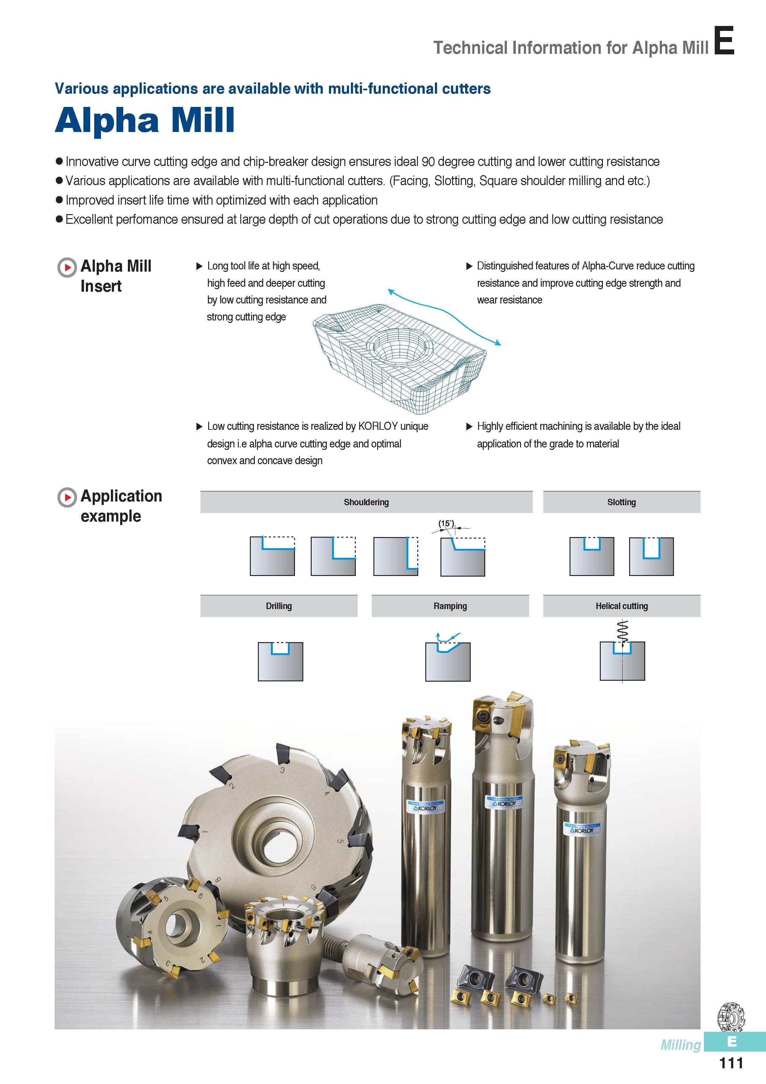 498 Various applications are available with multi-functional milling cutters Korloy Alpha Mill Innovative curve cutting edge and chip-breaker design ensures id Каталог KORLOY 2016 Металлорежущий инструмент для точения фрезерования сверления и инструментальная станочная оснастка для металлообрабатывающих станков Стр. E111