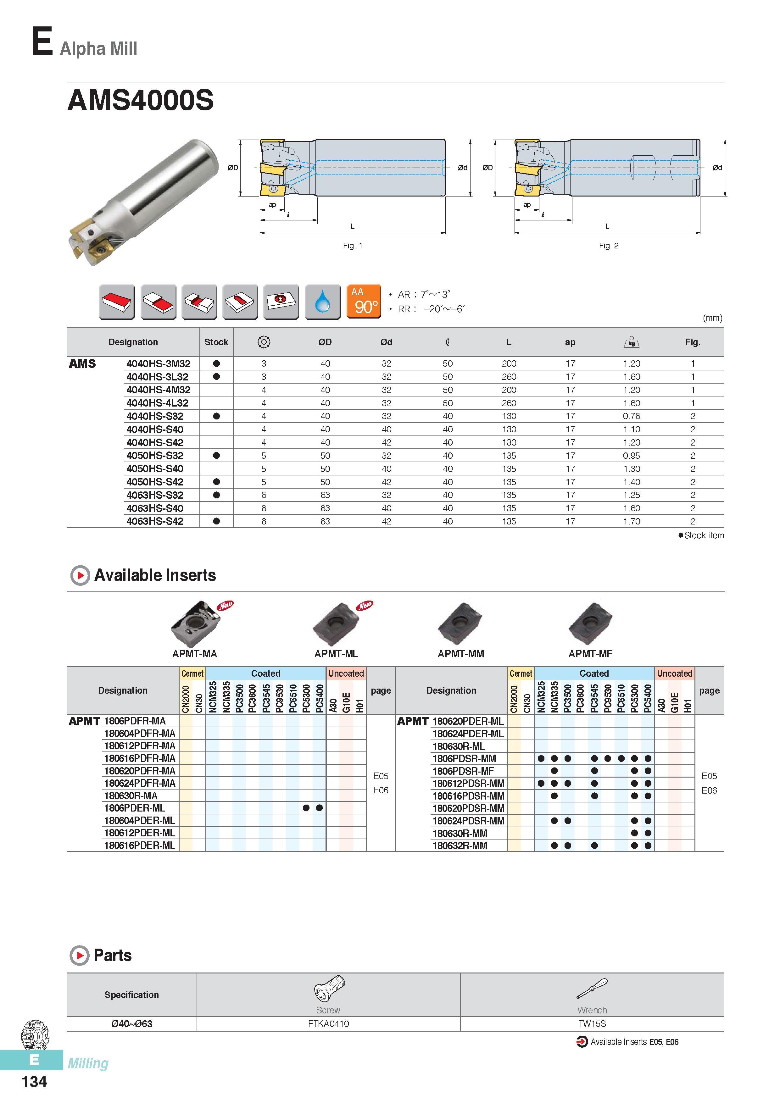 521 E Alpha Mill AMS4000S Designation Stock 0D 0d I L ap Fig AMS 4040HS-3M32 3 40 32 50 200 17 1 20 1 4040HS-3L32 3 40 32 50 260 17 1 60 1 4040HS-4M32 4 40 32 Каталог KORLOY 2016 Металлорежущий инструмент для точения фрезерования сверления и инструментальная станочная оснастка для металлообрабатывающих станков Стр. E134