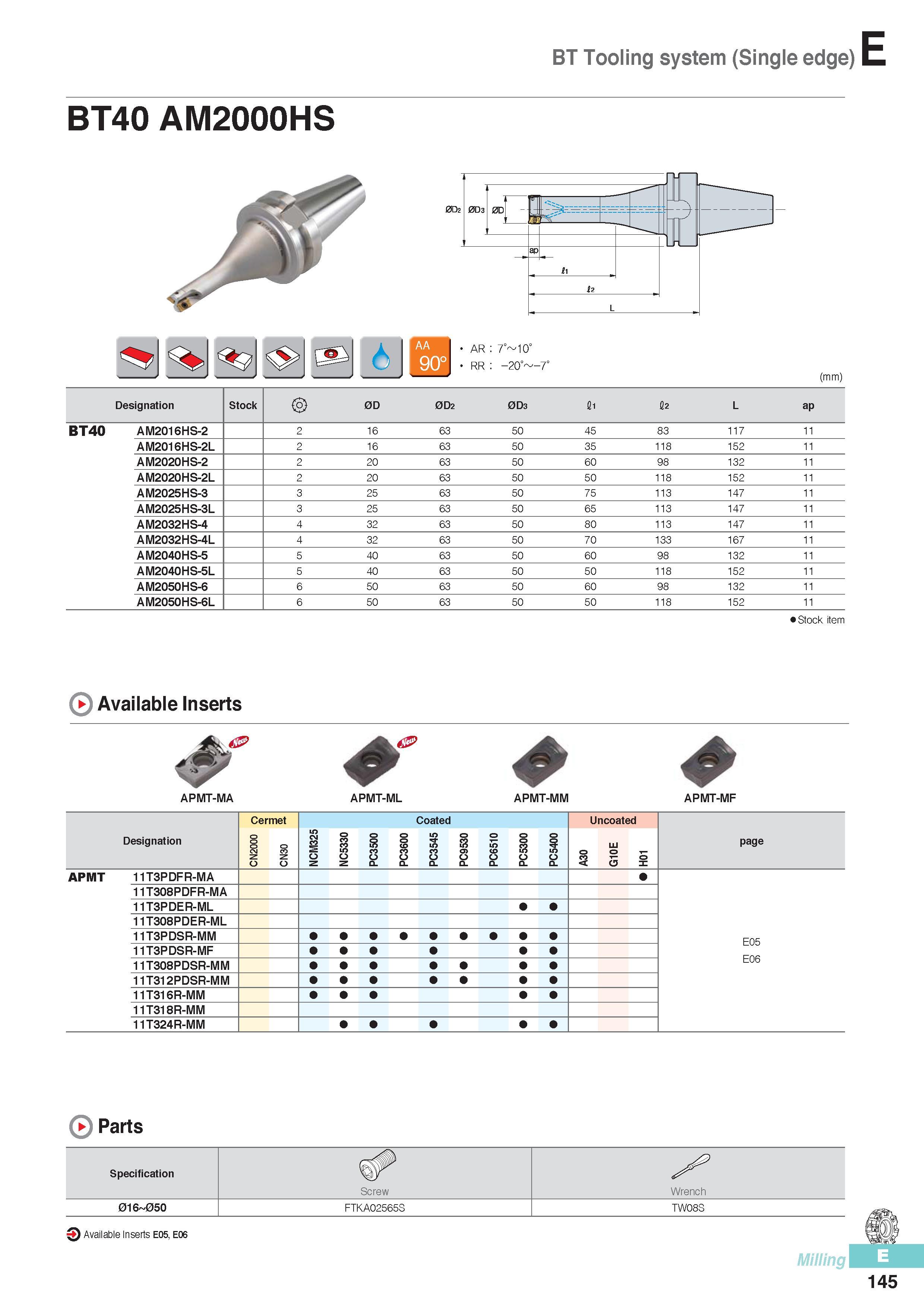 532 BT Tooling system (Single edge) BT40 AM2000HS AR 7° 10‘ RR -20° (mm) Designation Stock 0D 0D2 0D3 fli fi2 L ap BT40 AM2016HS-2 2 16 63 50 45 83 117 11 AM20 Каталог KORLOY 2016 Металлорежущий инструмент для точения фрезерования сверления и инструментальная станочная оснастка для металлообрабатывающих станков Стр. E145