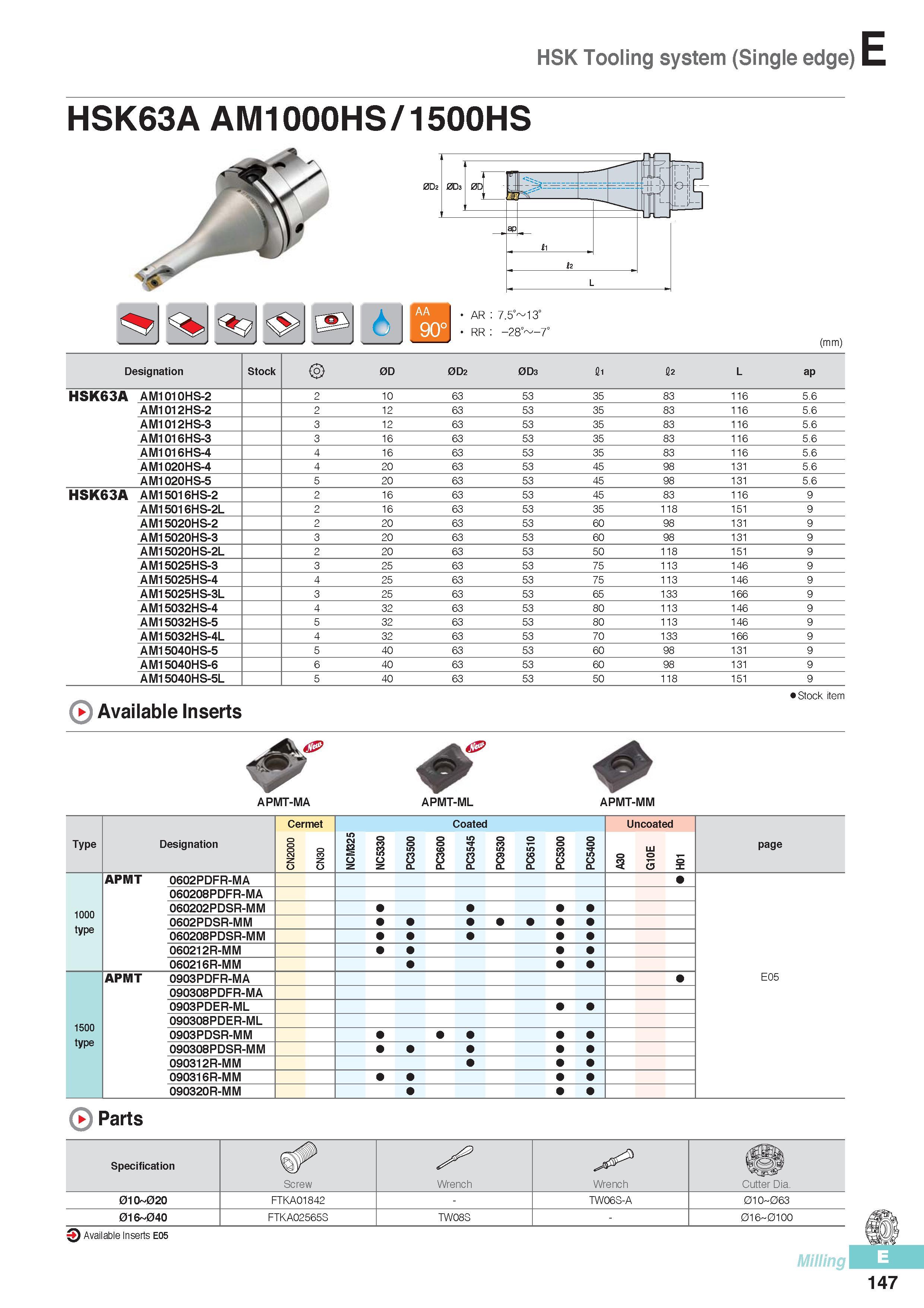 534 HSK Tooling system (Single edge) HSK63A AM1000HS/1500HS AR 7 5° 13‘ RR -28° -7° (mm) Designation Stock 0D 0D2 0D3 fl1 fi2 L ap HSK63A AM1010HS-2 2 10 63 53 Каталог KORLOY 2016 Металлорежущий инструмент для точения фрезерования сверления и инструментальная станочная оснастка для металлообрабатывающих станков Стр. E147