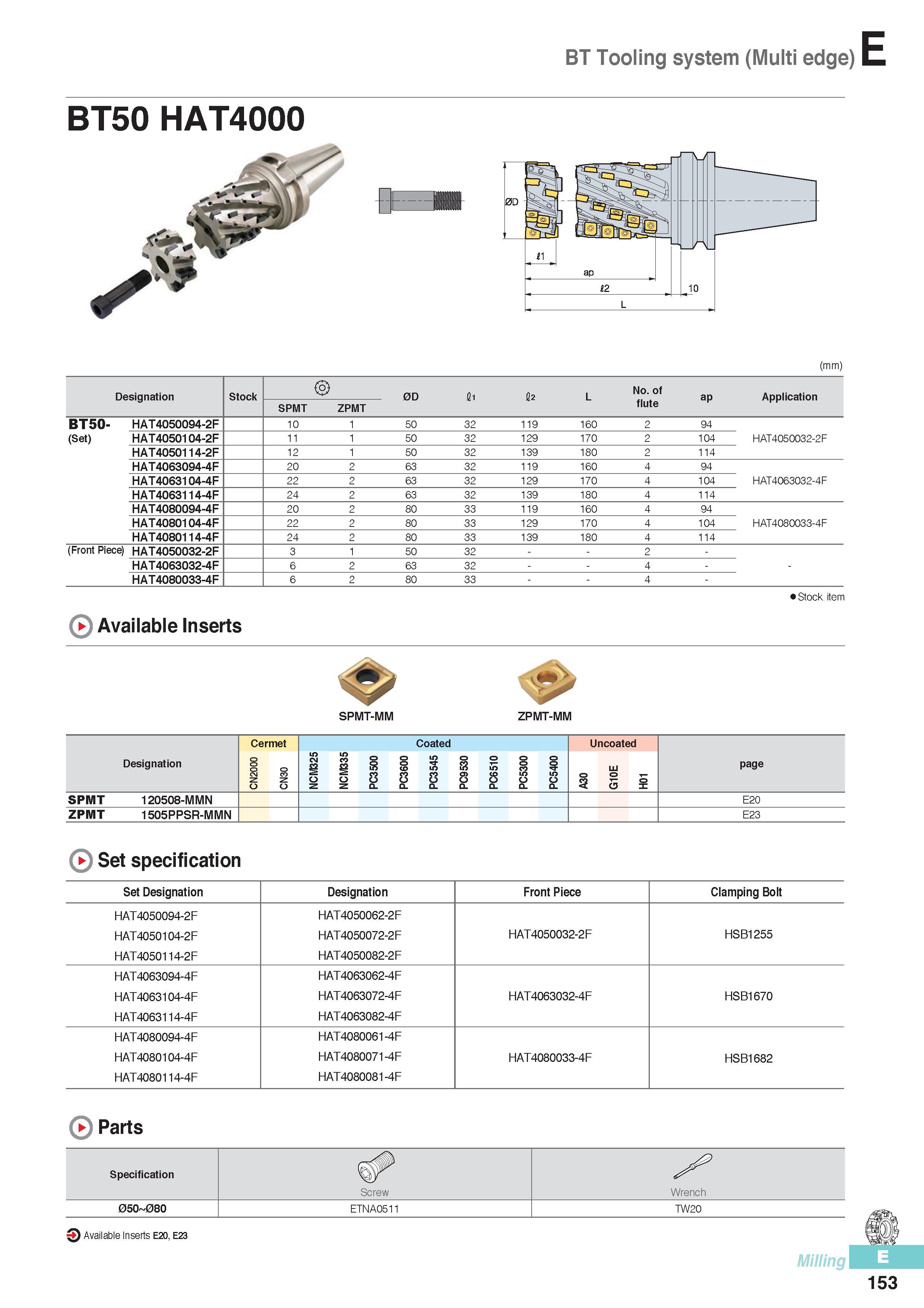 540 BT Tooling system (Multi edge) BT50 HAT4000 e (mm) Designation Stock 0D fl1 12 L No of flute ap Application SPMT ZPMT BT50- HAT4050094-2F 10 1 50 32 119 16 Каталог KORLOY 2016 Металлорежущий инструмент для точения фрезерования сверления и инструментальная станочная оснастка для металлообрабатывающих станков Стр. E153