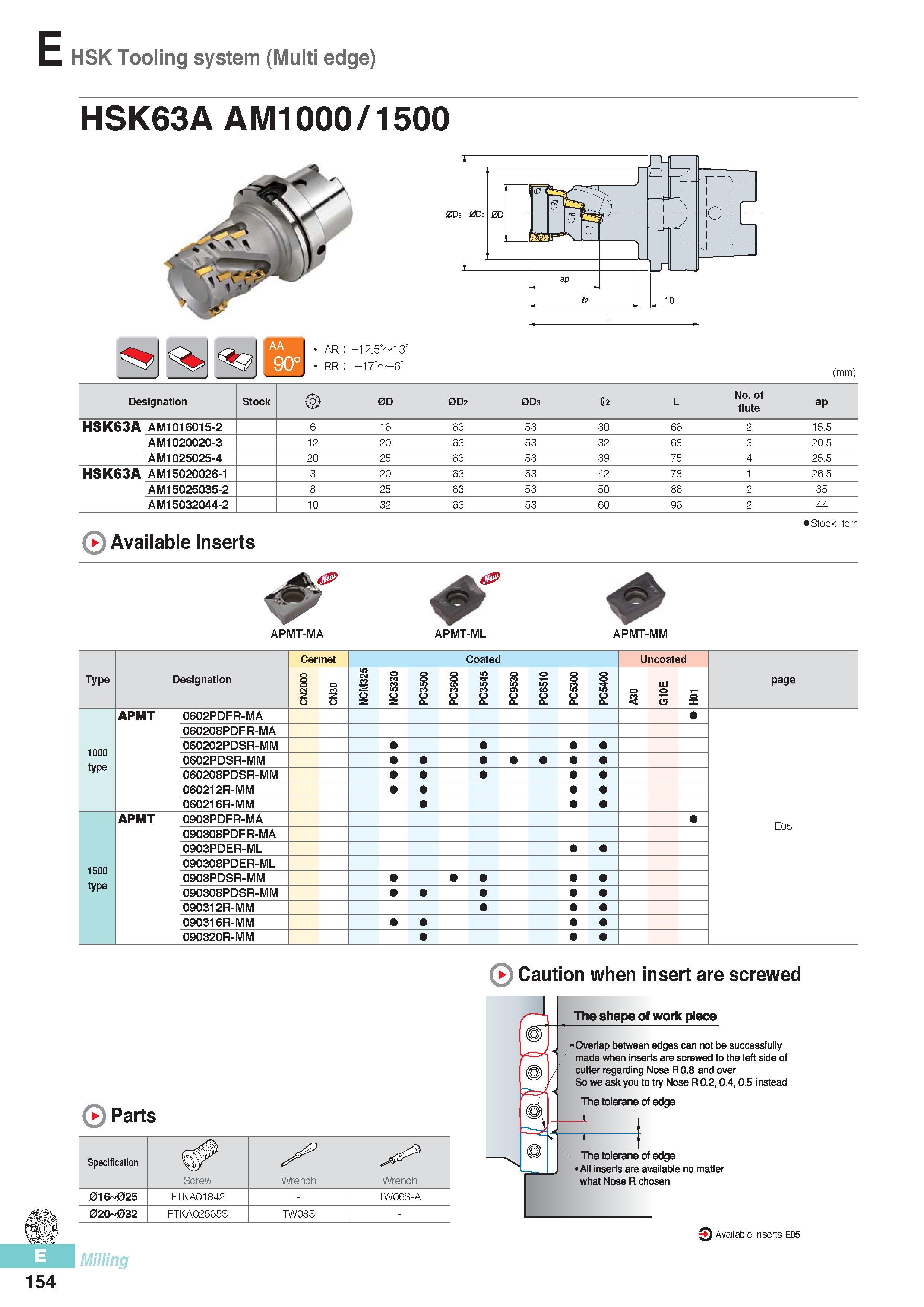 541 HSK Tooling system (Multi edge) HSK63A AM1000 / 1500 (mm) Designation Stock 0D 0D2 0D3 12 L No of flute ap HSK63A AM1016015-2 6 16 63 53 30 66 2 15 5 AM102 Каталог KORLOY 2016 Металлорежущий инструмент для точения фрезерования сверления и инструментальная станочная оснастка для металлообрабатывающих станков Стр. E154