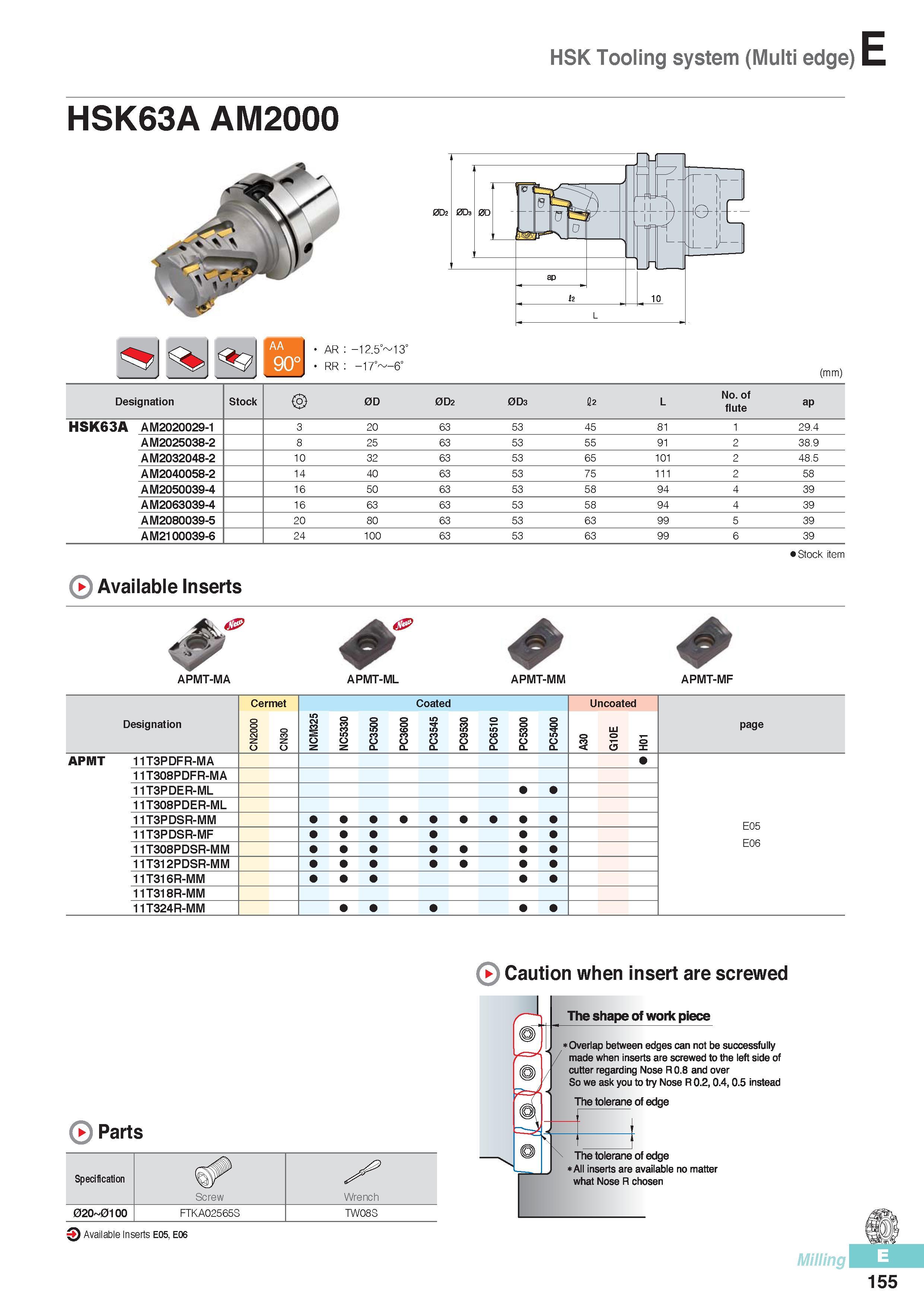 542 HSK Tooling system (Multi edge) HSK63A AM2000 AR -12 5° 13° RR -17° -6° (mm) Designation Stock 0D 0D2 0D3 12 L No of flute ap HSK63A AM2020029-1 3 20 63 53 Каталог KORLOY 2016 Металлорежущий инструмент для точения фрезерования сверления и инструментальная станочная оснастка для металлообрабатывающих станков Стр. E155