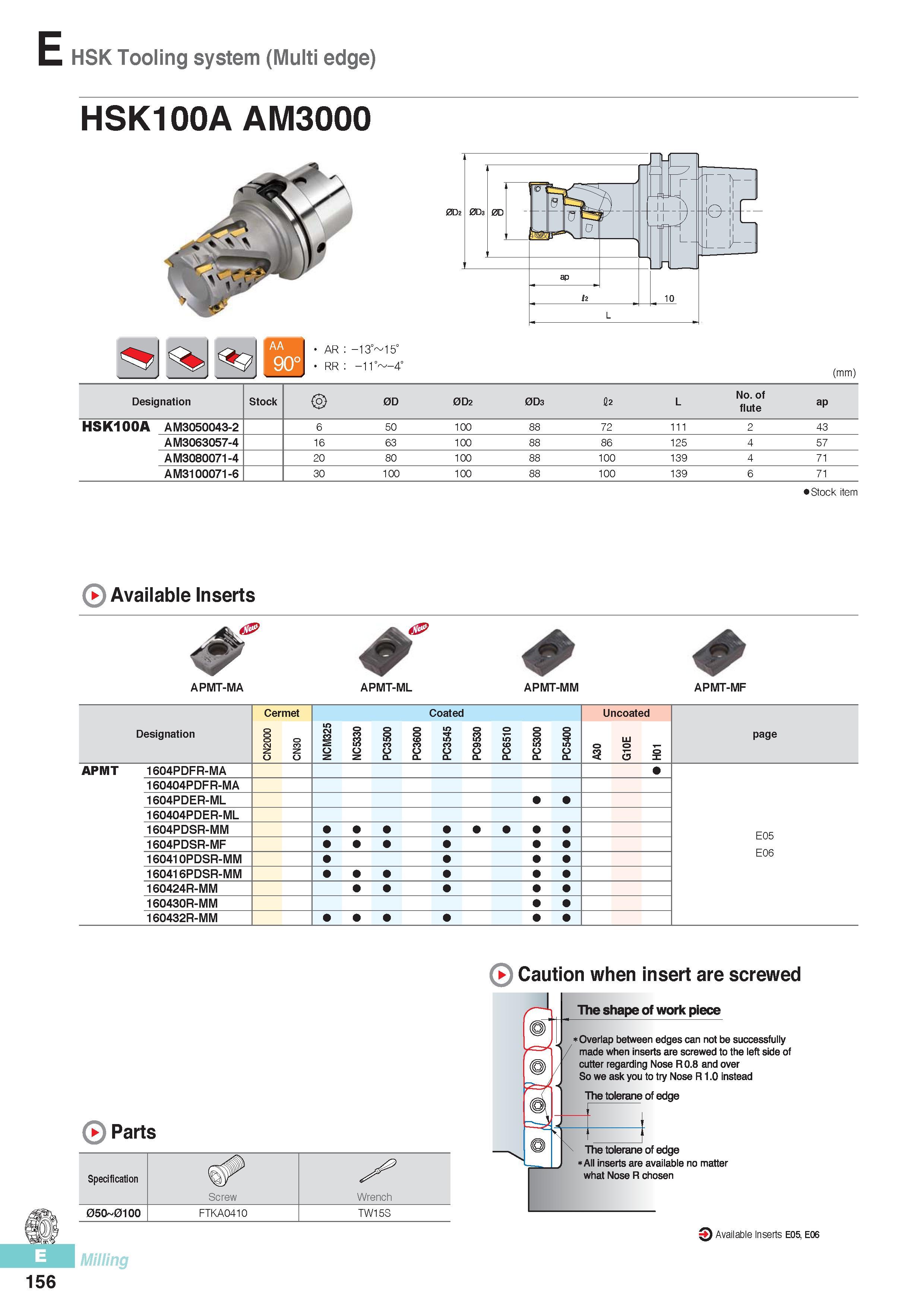 543 HSK Tooling system (Multi edge) HSK100A AM3000 AR -13° 15° RR -11° -4‘ (mm) Designation Stock 0D 0D2 0D3 12 L No of flute ap HSK100A AM3050043-2 6 50 100 8 Каталог KORLOY 2016 Металлорежущий инструмент для точения фрезерования сверления и инструментальная станочная оснастка для металлообрабатывающих станков Стр. E156