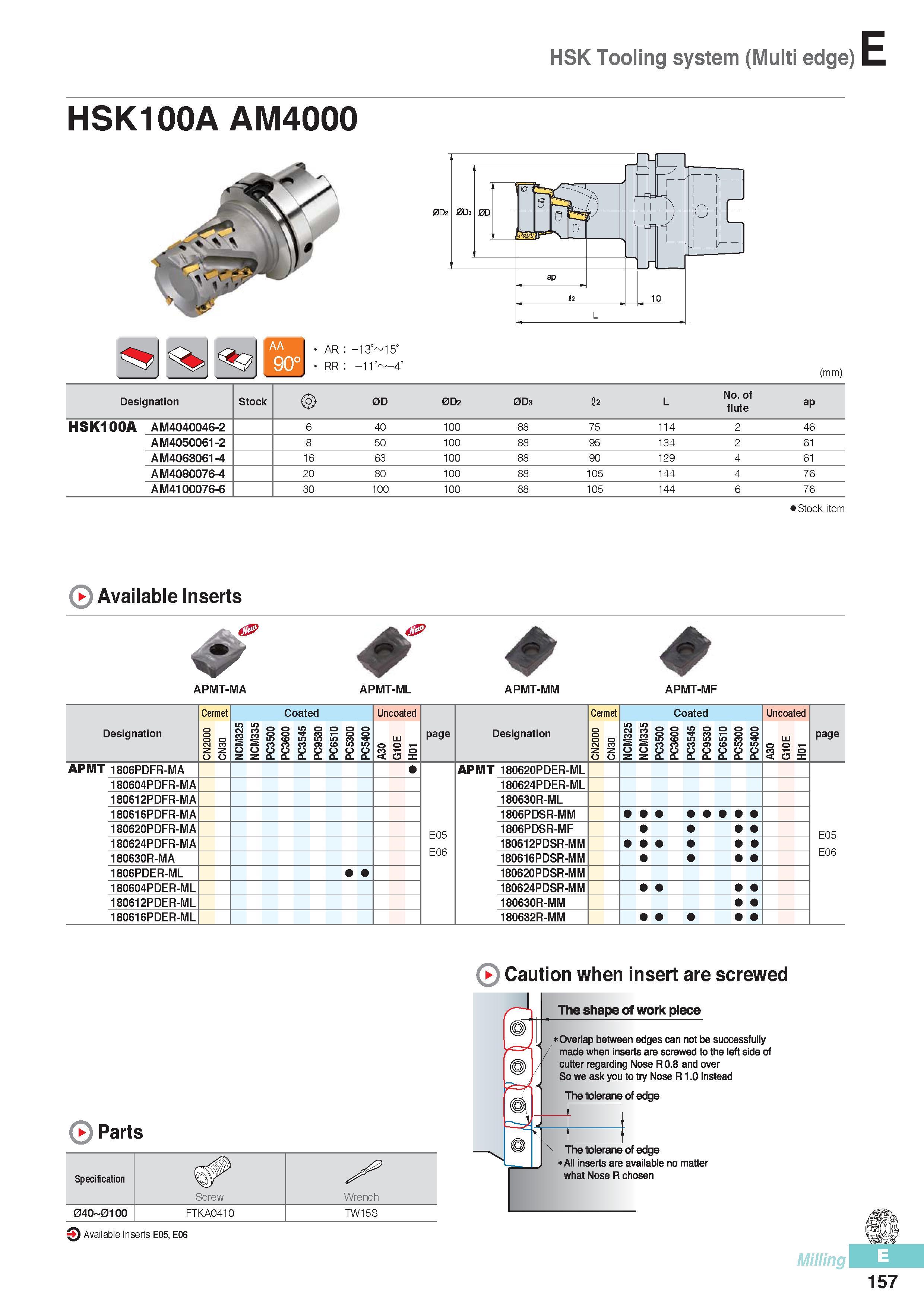 544 HSK Tooling system (Multi edge) E HSK100A AM4000 AR -13° 15° RR -11° -4‘ (mm) Designation Stock 0D 0D2 0D3 12 L No of flute ap HSK100A AM4040046-2 6 40 100 Каталог KORLOY 2016 Металлорежущий инструмент для точения фрезерования сверления и инструментальная станочная оснастка для металлообрабатывающих станков Стр. E157