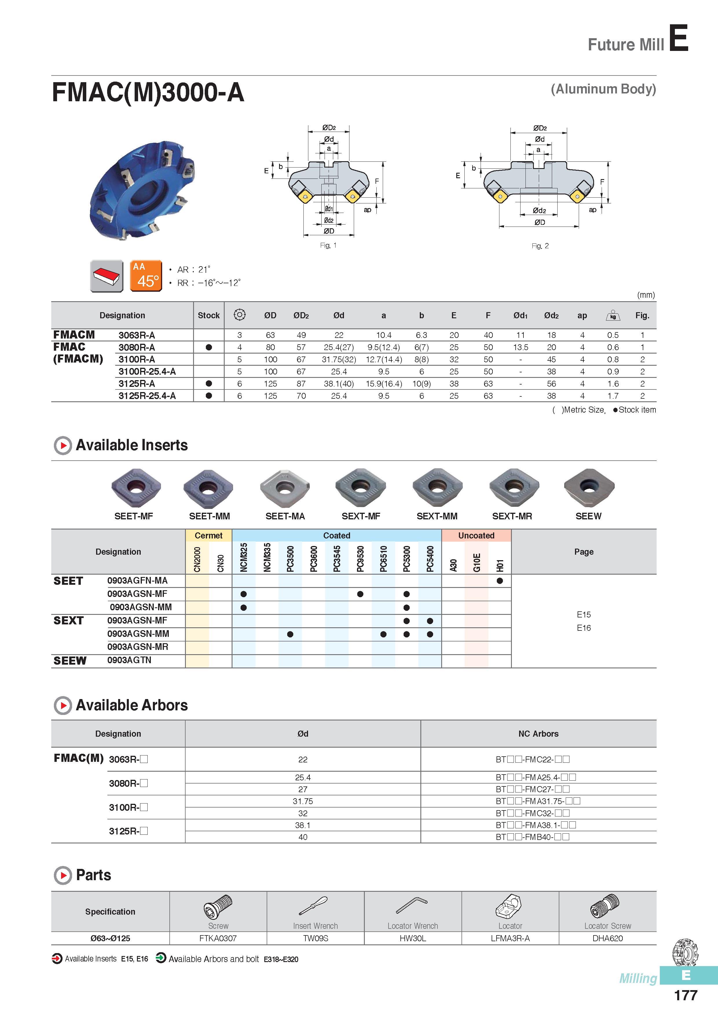 564 Future Mill FMAC(M)3000-A (Aluminum Body) AR 21° RR -16° -12° Fig 2 (mm) Designation Stock 0D 0D2 0d a b E F 0d1 0d2 ap Fig FMACM 3063R-A 3 63 49 22 10 4 6 Каталог KORLOY 2016 Металлорежущий инструмент для точения фрезерования сверления и инструментальная станочная оснастка для металлообрабатывающих станков Стр. E177