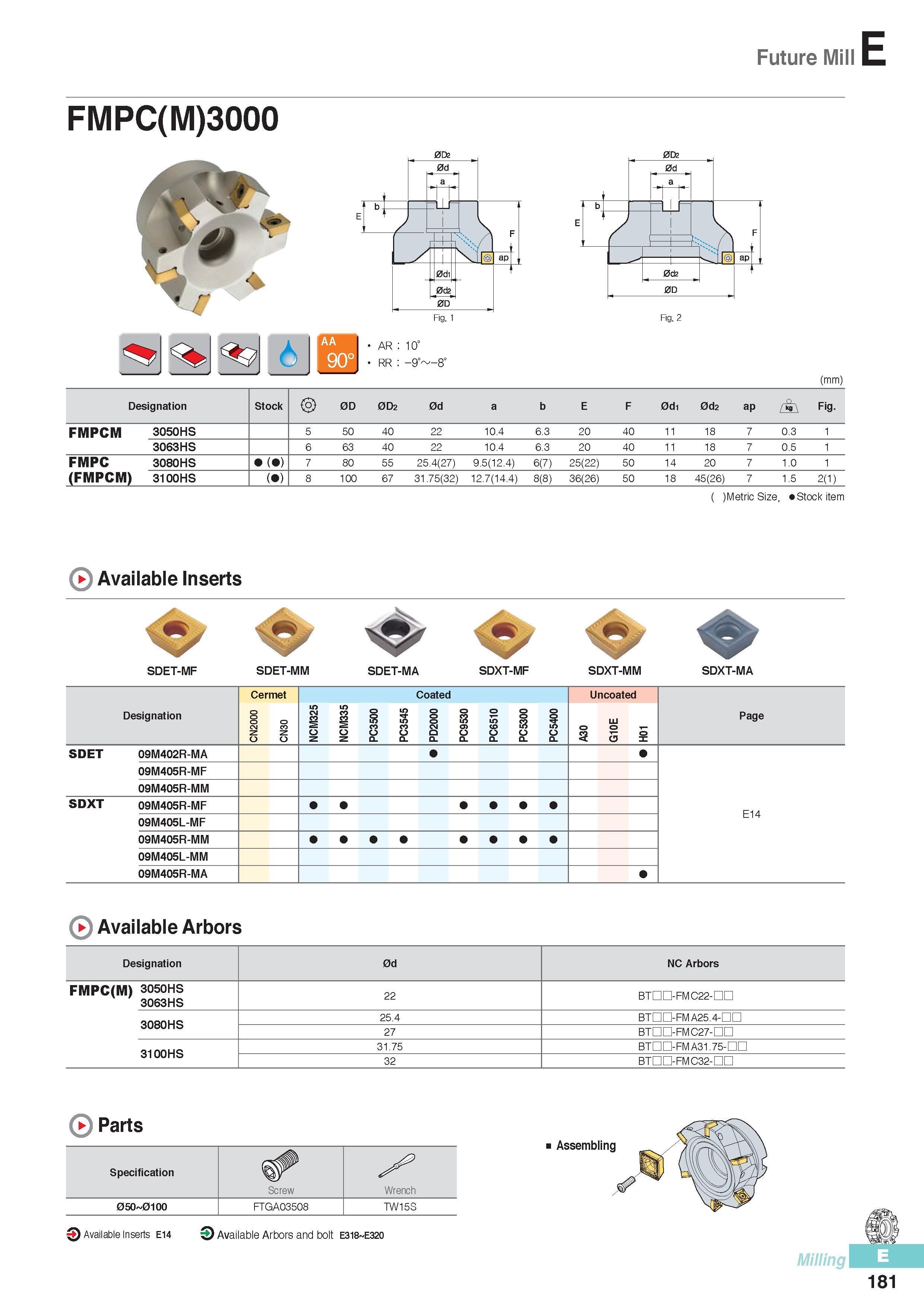 568 Future Mill FMPC(M)3000 (mm) Designation Stock 0D 0D2 0d a b E F 0d1 0d2 ap Fig FMPCM 3050HS 5 50 40 22 10 4 6 3 20 40 11 18 7 0 3 1 3063HS 6 63 40 22 10 4 Каталог KORLOY 2016 Металлорежущий инструмент для точения фрезерования сверления и инструментальная станочная оснастка для металлообрабатывающих станков Стр. E181
