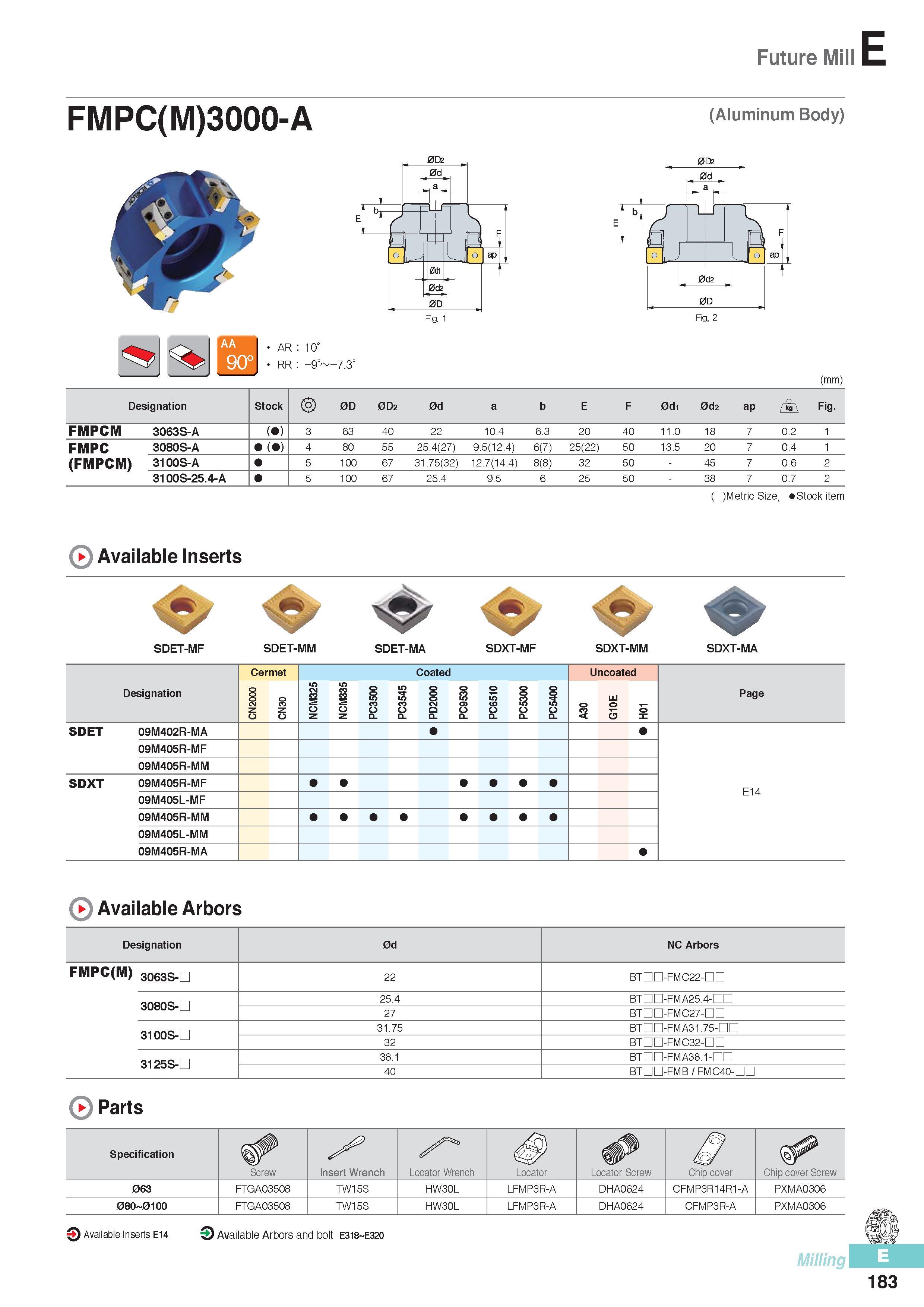 570 Future Mill FMPC(M)3000-A (Aluminum Body) AR 10' RR -9° -7 3° Fig 002 (mm) Designation Stock 0D 0D2 0d a b E F 0di 0d2 ap Fig FMPCM 3063S-A ( ) 3 63 40 22 Каталог KORLOY 2016 Металлорежущий инструмент для точения фрезерования сверления и инструментальная станочная оснастка для металлообрабатывающих станков Стр. E183