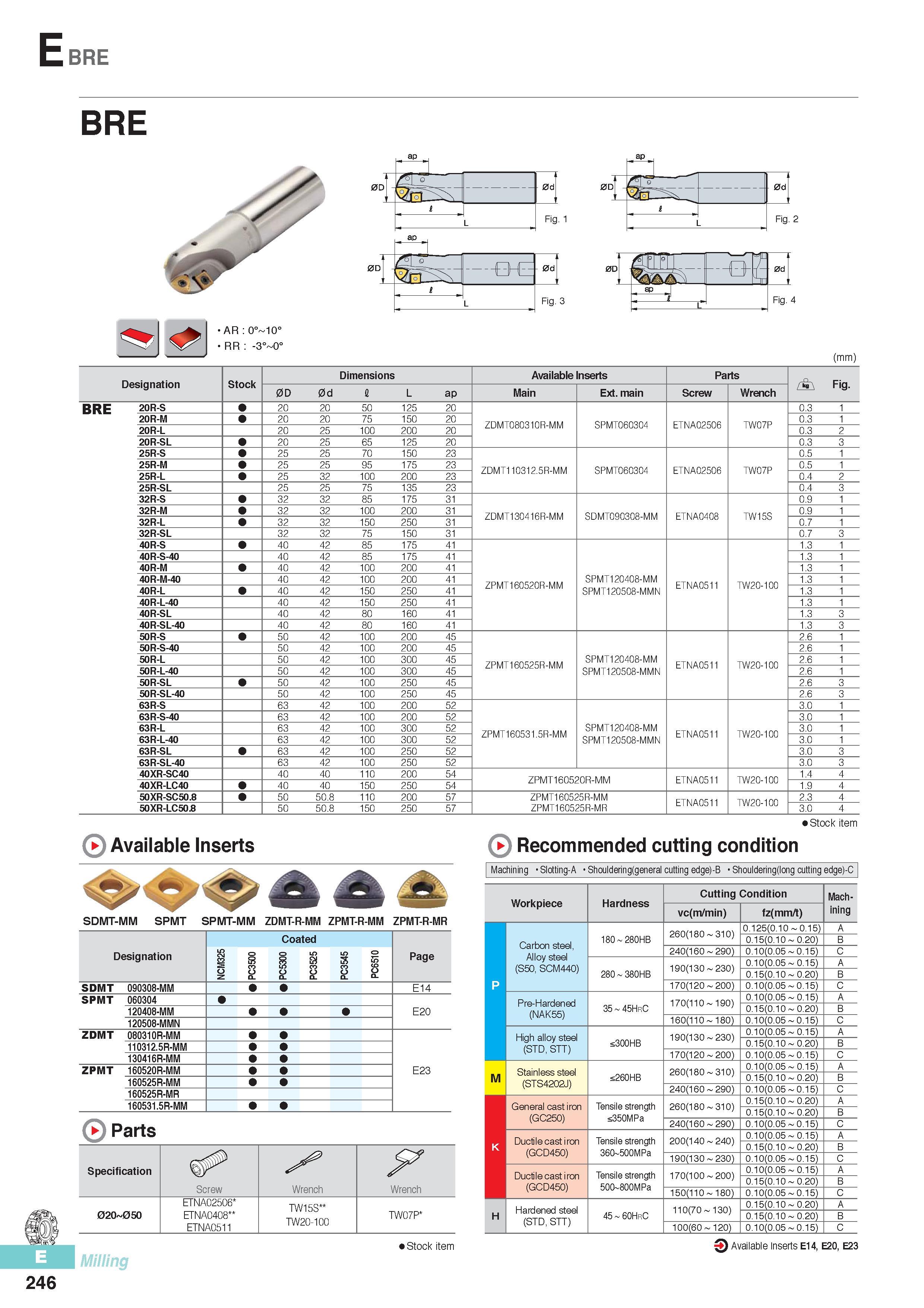 633 Ebre BRE ll vn 0d i L Fig Fig 2 Fig 3 Fig 4 (mm) Designation Stock Dimensions Available Inserts Parts Fig 0D 0d I L ap Main Ext main Screw Wrench BRE 20R-S Каталог KORLOY 2016 Металлорежущий инструмент для точения фрезерования сверления и инструментальная станочная оснастка для металлообрабатывающих станков Стр. E246