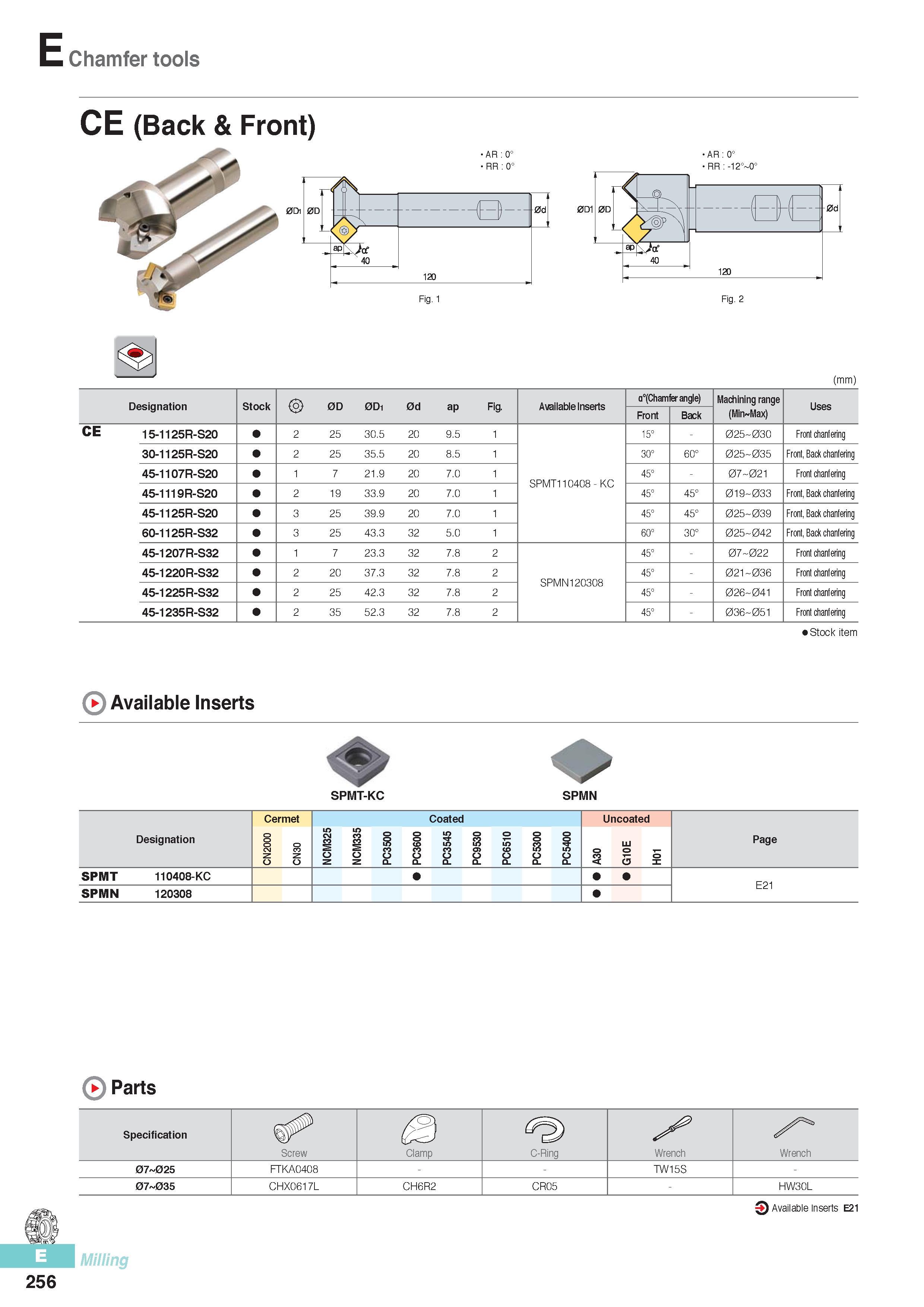643 Chamfer tools CE (Back & Front) AR:0° RR:0° AR:0° RR -12° 0° Fig 1 (mm) Designation Stock 0D 0D1 0d ap Fig Available Inserts a0(Chamferangle) Machining ran Каталог KORLOY 2016 Металлорежущий инструмент для точения фрезерования сверления и инструментальная станочная оснастка для металлообрабатывающих станков Стр. E256