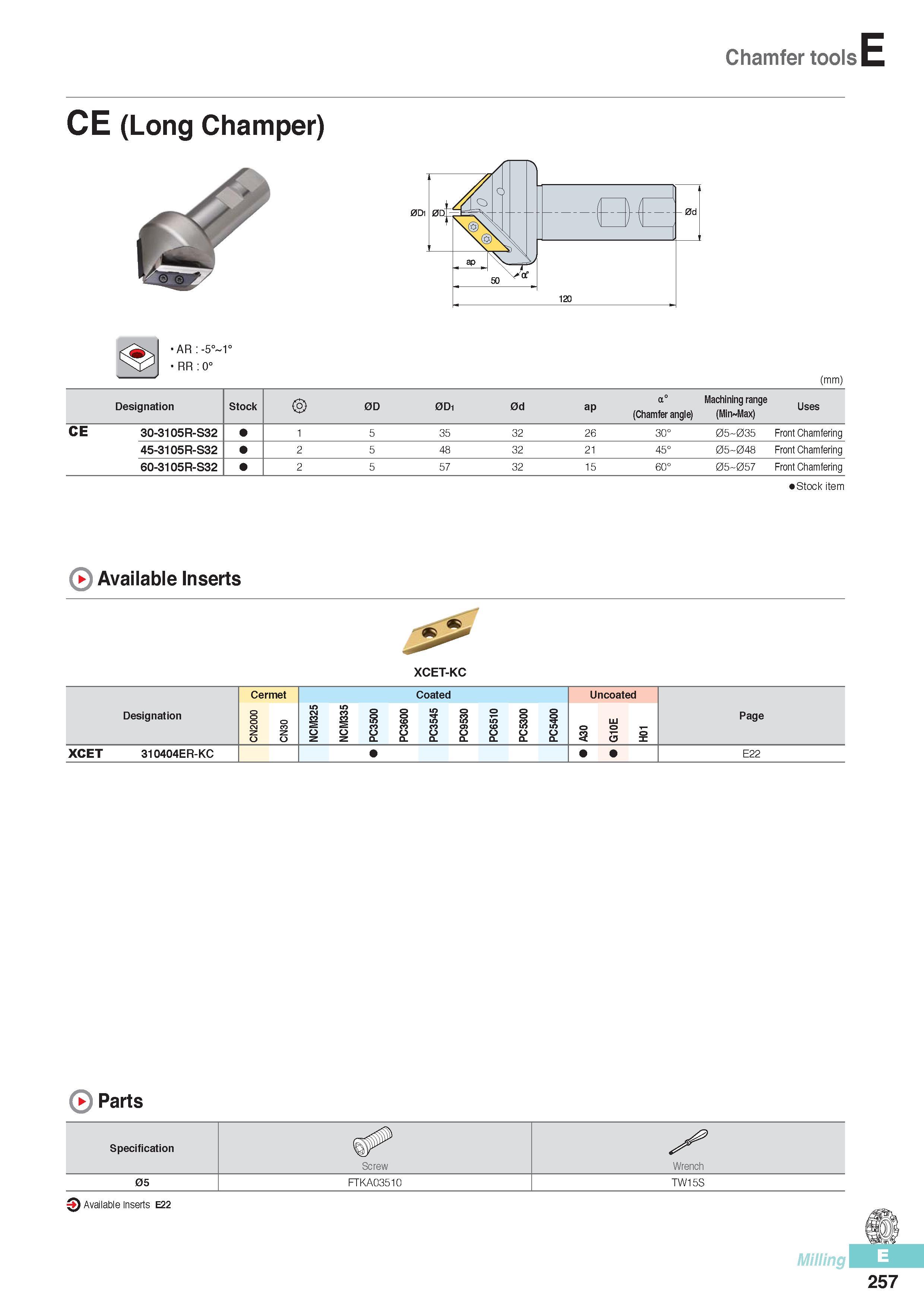 644 Chamfer tools CE (Long Champer) AR:-5° 1° RR:0° (mm) Designation Stock 0D 0D1 0d ap a0 (Chamfer angle) Machining range (Min Max) Uses CE 30-3105R-S32 5 35 Каталог KORLOY 2016 Металлорежущий инструмент для точения фрезерования сверления и инструментальная станочная оснастка для металлообрабатывающих станков Стр. E257