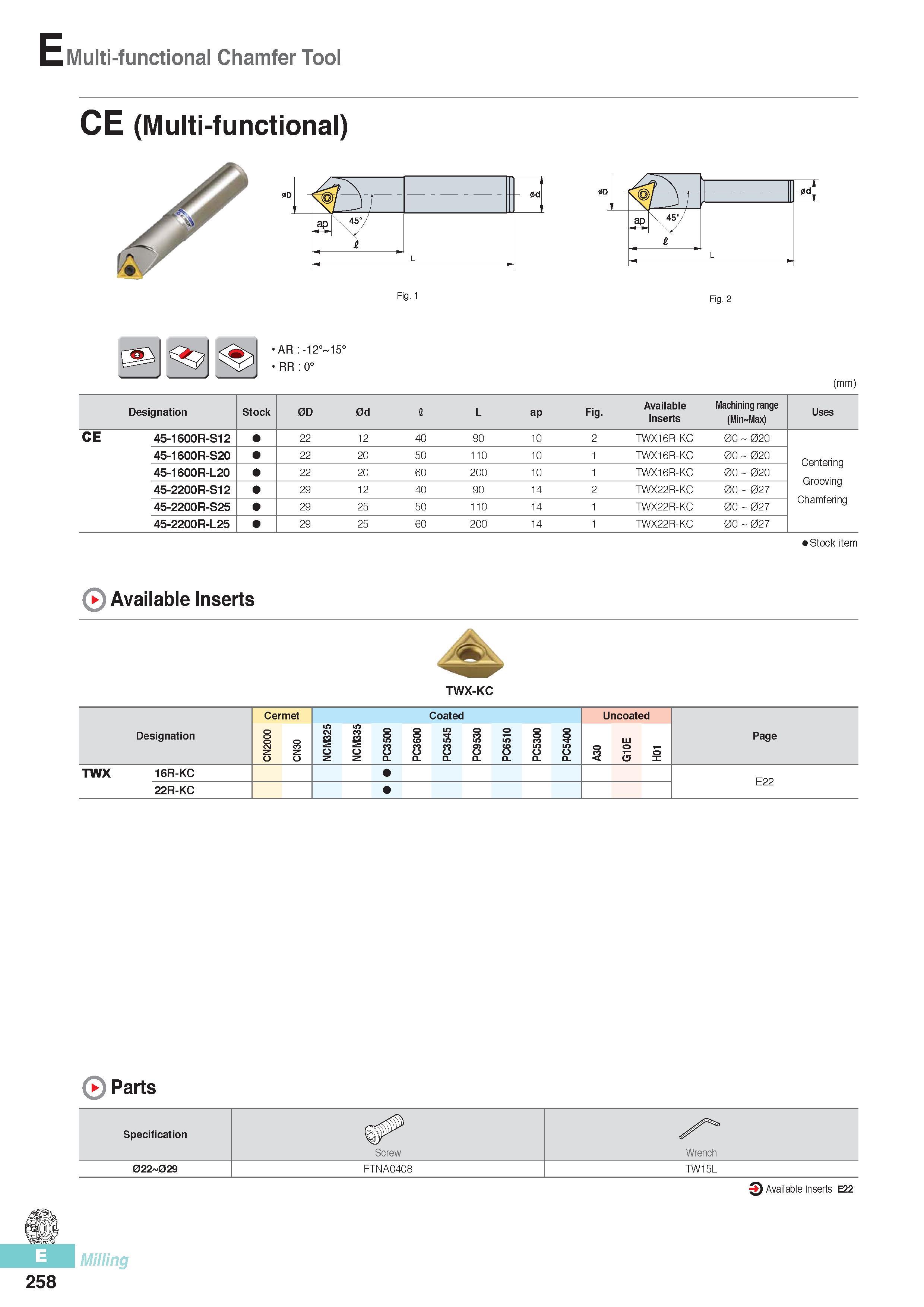 645 Multi-functional Chamfer Tool CE (Multi-functional) V I - 0d ap 45 / i L -0dT Fig 1 Fig 2 AR:-12° 15° RR:0° (mm) Designation Stock 0D 0d I L ap Fig- Availa Каталог KORLOY 2016 Металлорежущий инструмент для точения фрезерования сверления и инструментальная станочная оснастка для металлообрабатывающих станков Стр. E258