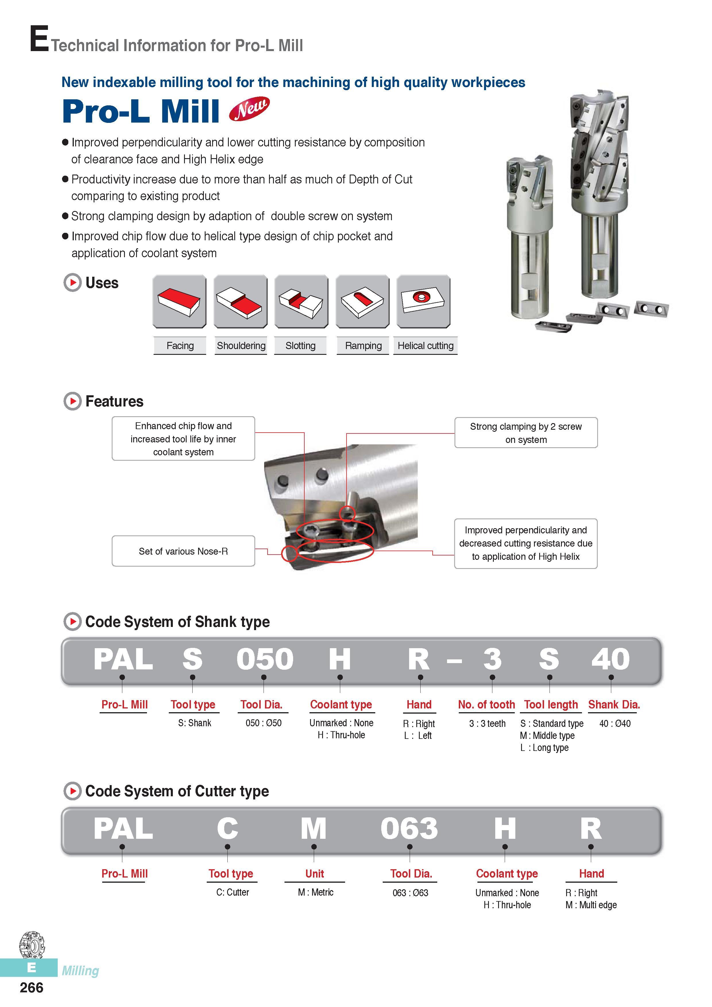 653 New indexable milling tool Korloy Pro-L Mill for the machining of high quality workpieces Improved perpendicularity and lower cutting resistance by composi Каталог KORLOY 2016 Металлорежущий инструмент для точения фрезерования сверления и инструментальная станочная оснастка для металлообрабатывающих станков Стр. E266