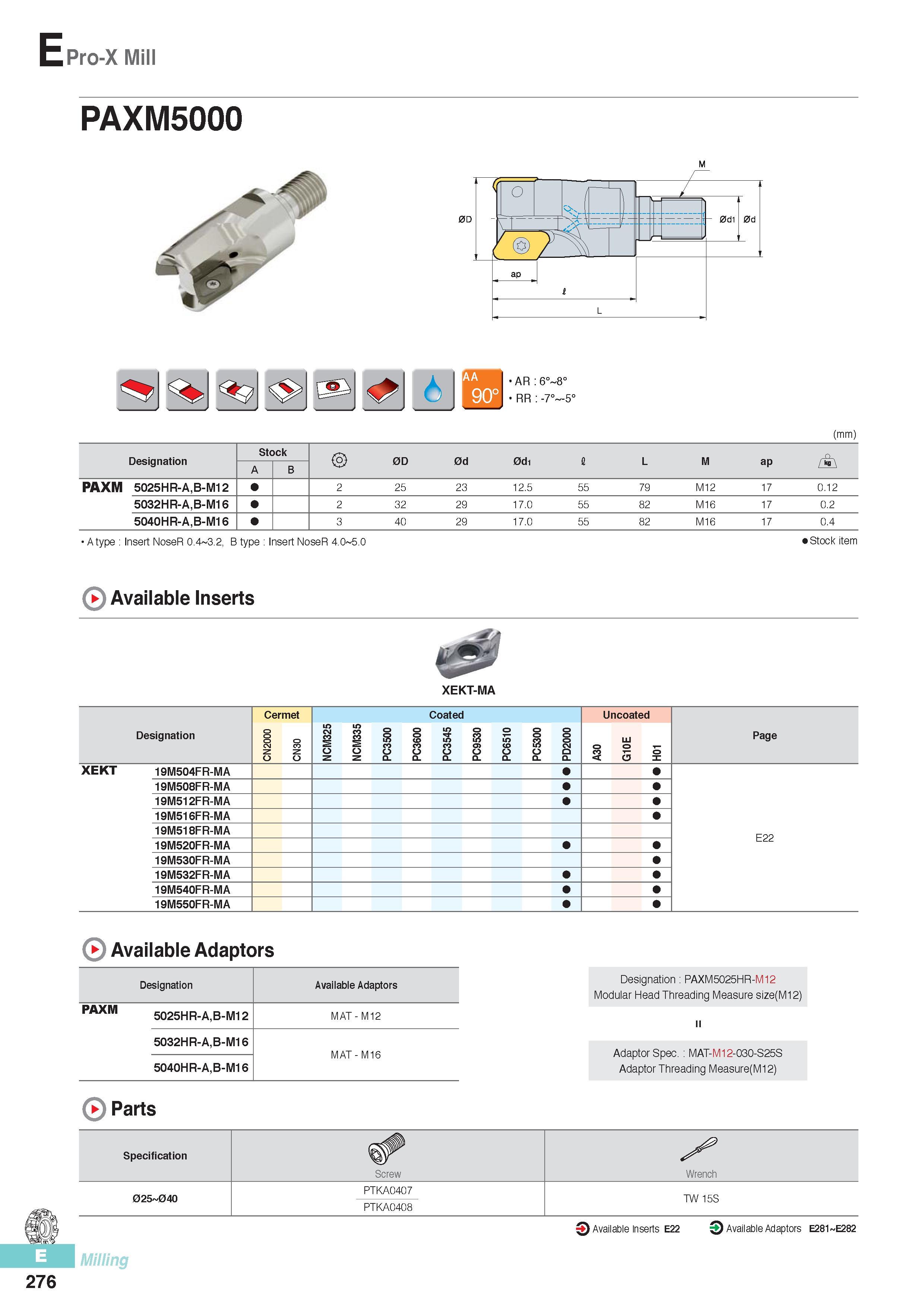 663 EPro-X Mill PAXM5000 6° 8° :-7° -5° (mm) Designation Stock 0D 0d 0d1 I L M ap A A B PAXM 5025HR-A,B-M12 2 25 23 12 5 55 79 M12 17 0 12 5032HR-A,B-M16 2 32 Каталог KORLOY 2016 Металлорежущий инструмент для точения фрезерования сверления и инструментальная станочная оснастка для металлообрабатывающих станков Стр. E276