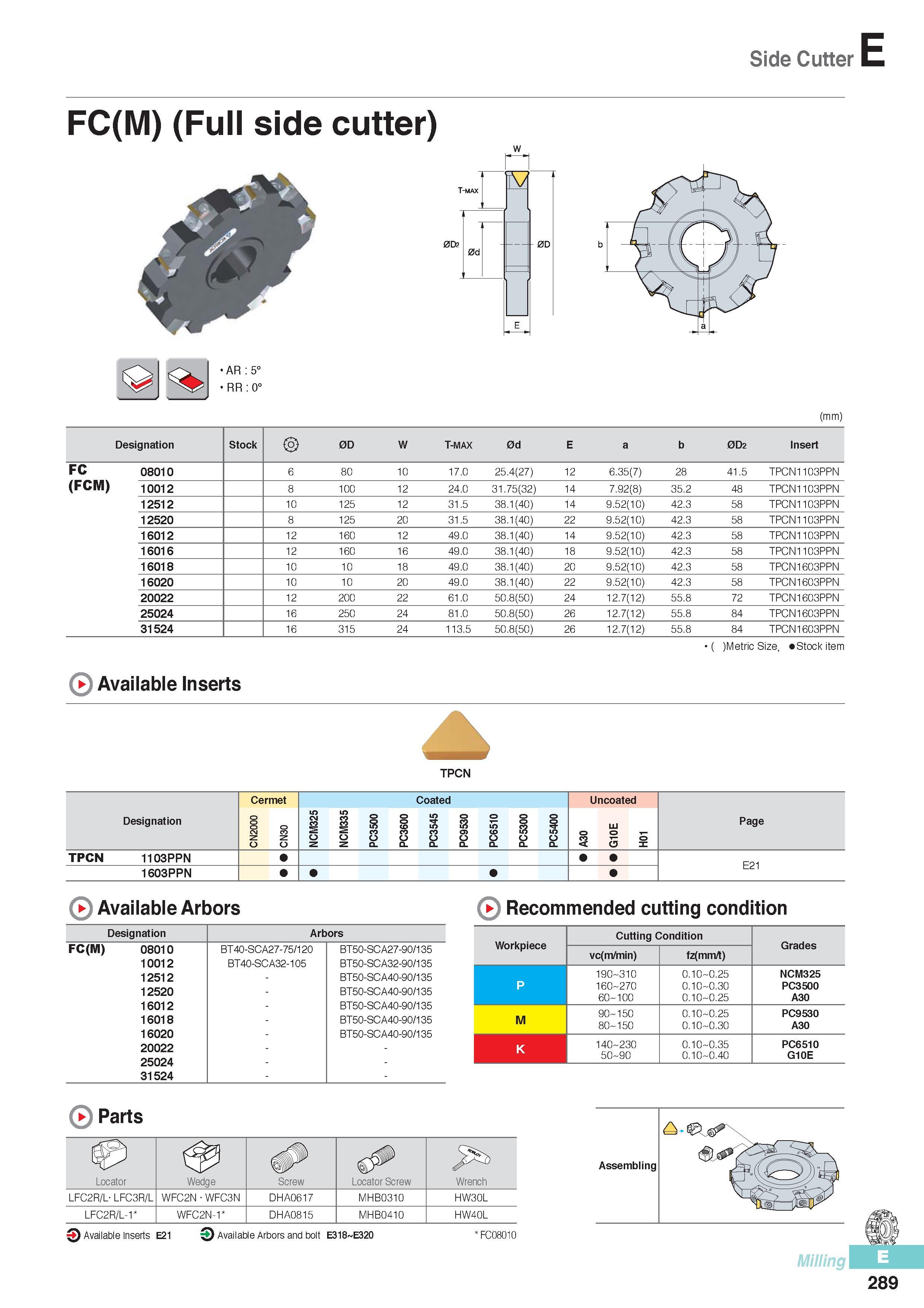 676 Side Cutter FC(M) (Full side cutter) W AR:5° RR:0° (mm) Designation Stock 0D W T-MAX 0d E a b 0D2 Insert FC 08010 6 80 10 17 0 25 4(27) 12 6 35(7) 28 41 5 Каталог KORLOY 2016 Металлорежущий инструмент для точения фрезерования сверления и инструментальная станочная оснастка для металлообрабатывающих станков Стр. E289