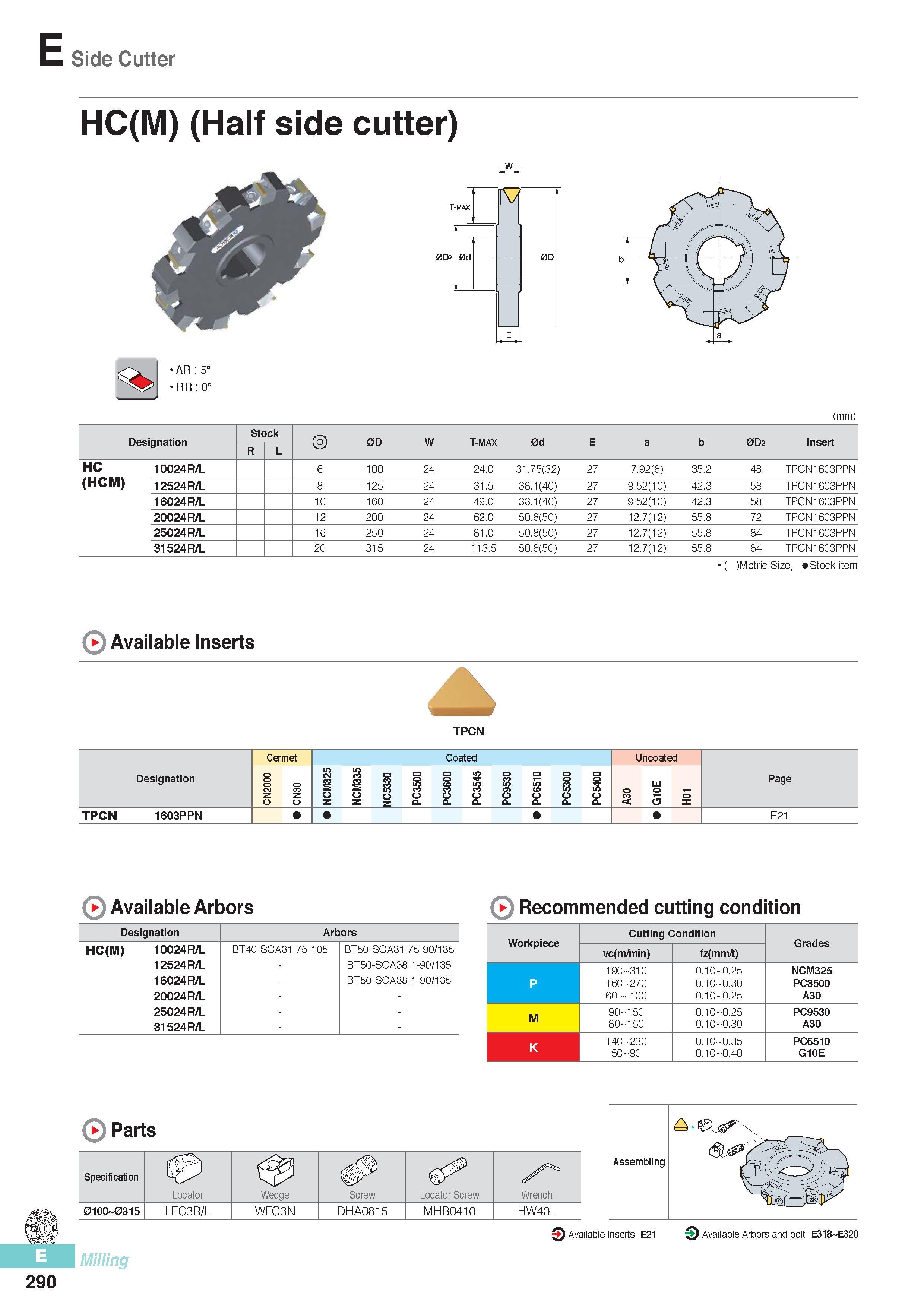 677 Side Cutter HC(M) (Half side cutter) AR 5° RR 0° r 1 -MAX 0D2 0d - 0D E (mm) Designation Stock 0D W T-MAX 0d E a b 0D2 Insert R L HC 10024R/L 6 100 24 24 0 Каталог KORLOY 2016 Металлорежущий инструмент для точения фрезерования сверления и инструментальная станочная оснастка для металлообрабатывающих станков Стр. E290