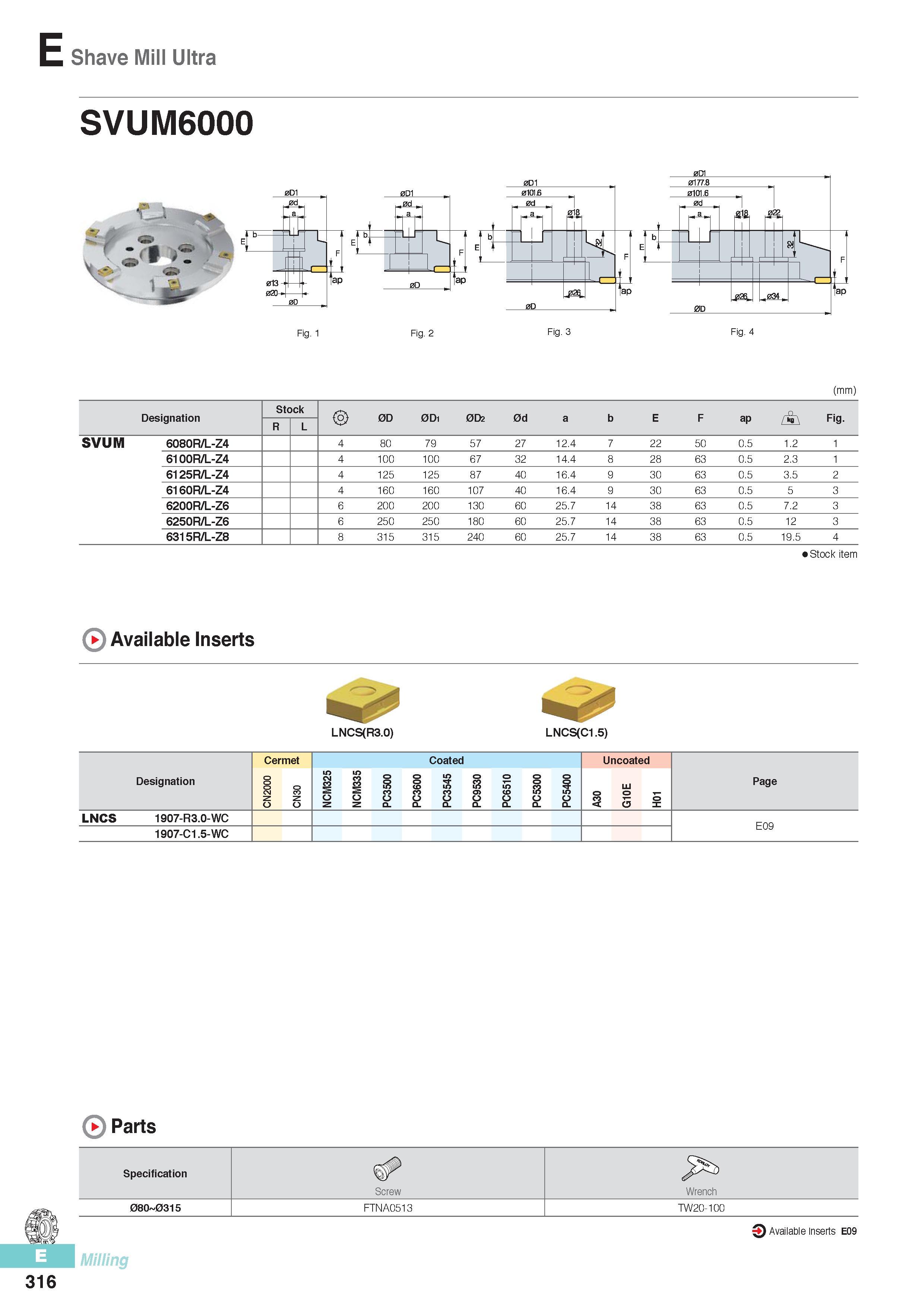 703 E Shave Mill Ultra SVUM6000 =/i <s> N' Fig 1 Fig 2 Fig 3 Fig 4 (mm) Designation Stock 0D 0D1 0D2 0d a b E F ap Fig R L SVUM 6080R/L-Z4 4 80 79 57 27 12 4 7 Каталог KORLOY 2016 Металлорежущий инструмент для точения фрезерования сверления и инструментальная станочная оснастка для металлообрабатывающих станков Стр. E316