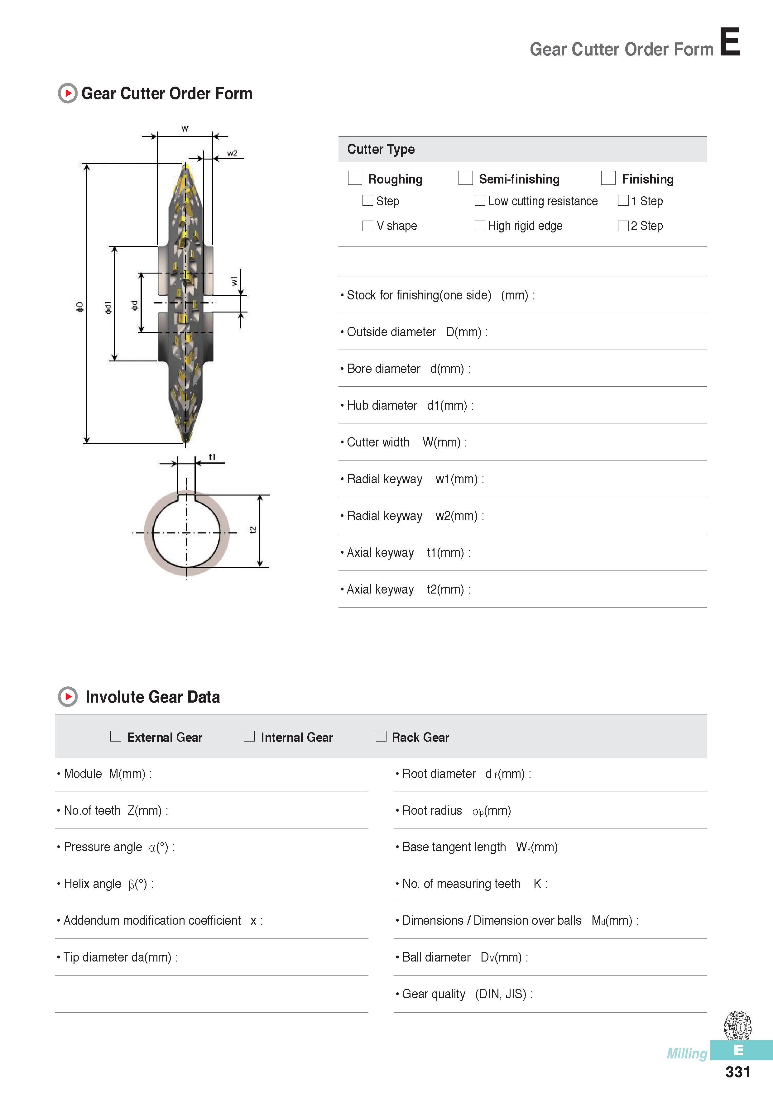718 Gear Cutter Order Form Gear Cutter Order Form Involute Gear Data Cutter Type Roughing Step V shape Semi-finishing O Finishing Low cutting resistance 1 Step Каталог KORLOY 2016 Металлорежущий инструмент для точения фрезерования сверления и инструментальная станочная оснастка для металлообрабатывающих станков Стр. E331