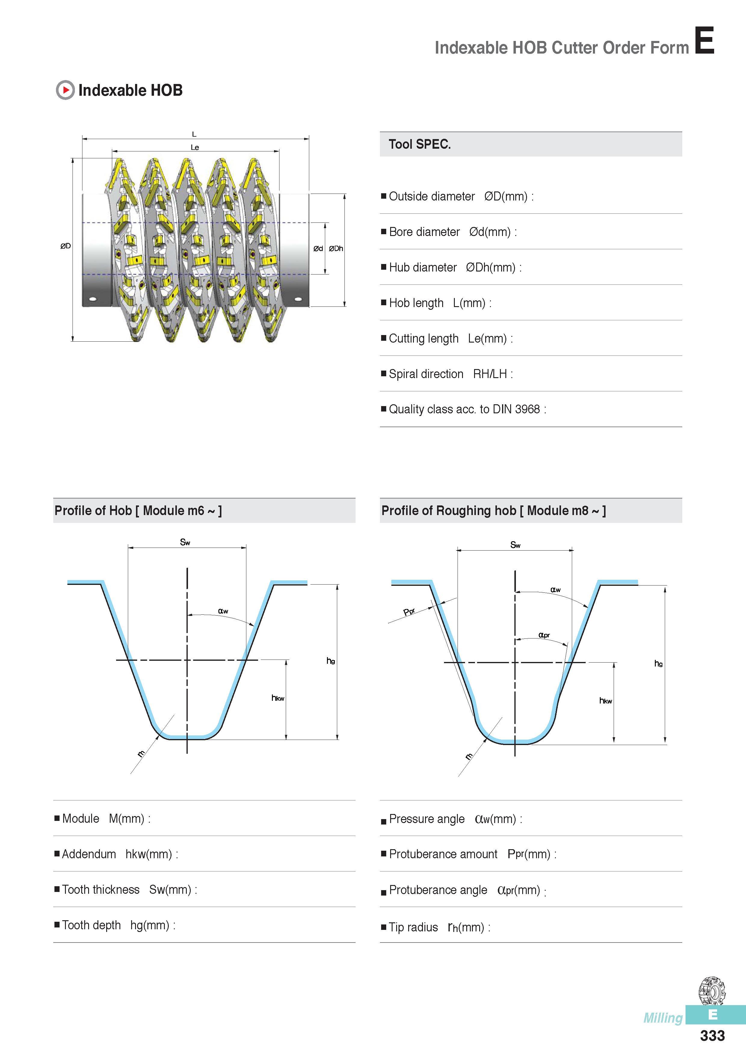 720 Indexable HOB Cutter Order Form Profile of Hob Module m6 Tool SPEC Outside diameter 0D(mm): Bore diameter 0d(mm) Hub diameter 0Dh(mm): Hob length L(mm): Cu Каталог KORLOY 2016 Металлорежущий инструмент для точения фрезерования сверления и инструментальная станочная оснастка для металлообрабатывающих станков Стр. E333