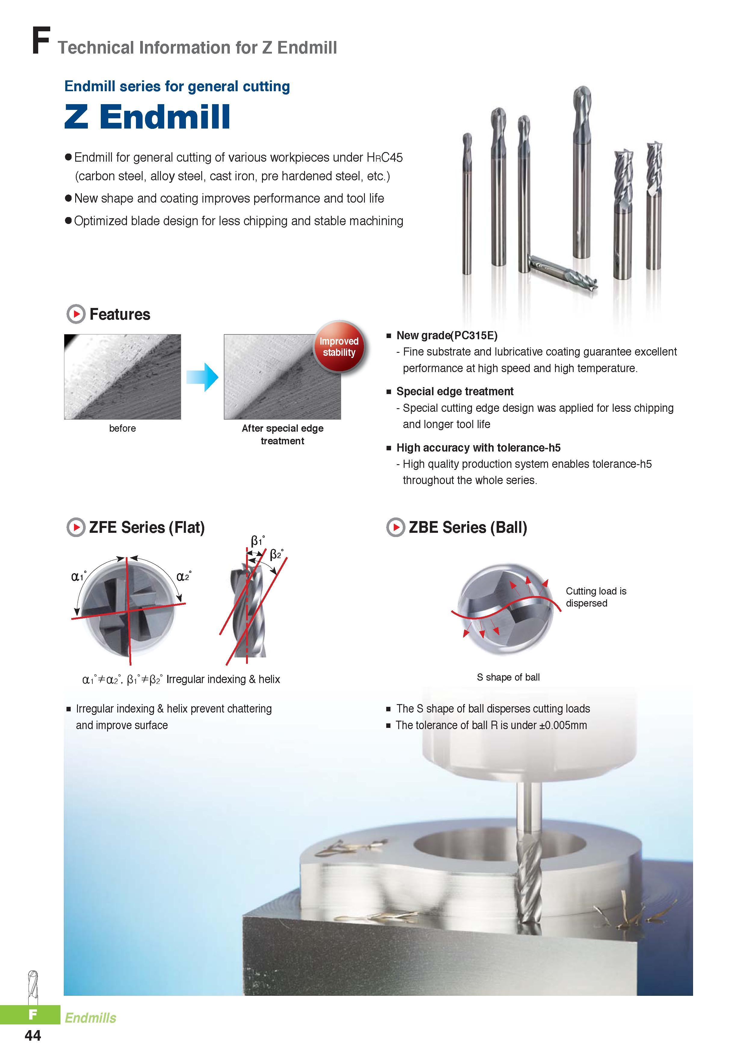 767 Technical Information for Z Endmill Endmill series for general cutting Z Endmill Endmill for general cutting of various workpieces under HrC45 (carbon stee Каталог KORLOY 2016 Металлорежущий инструмент для точения фрезерования сверления и инструментальная станочная оснастка для металлообрабатывающих станков Стр. F44