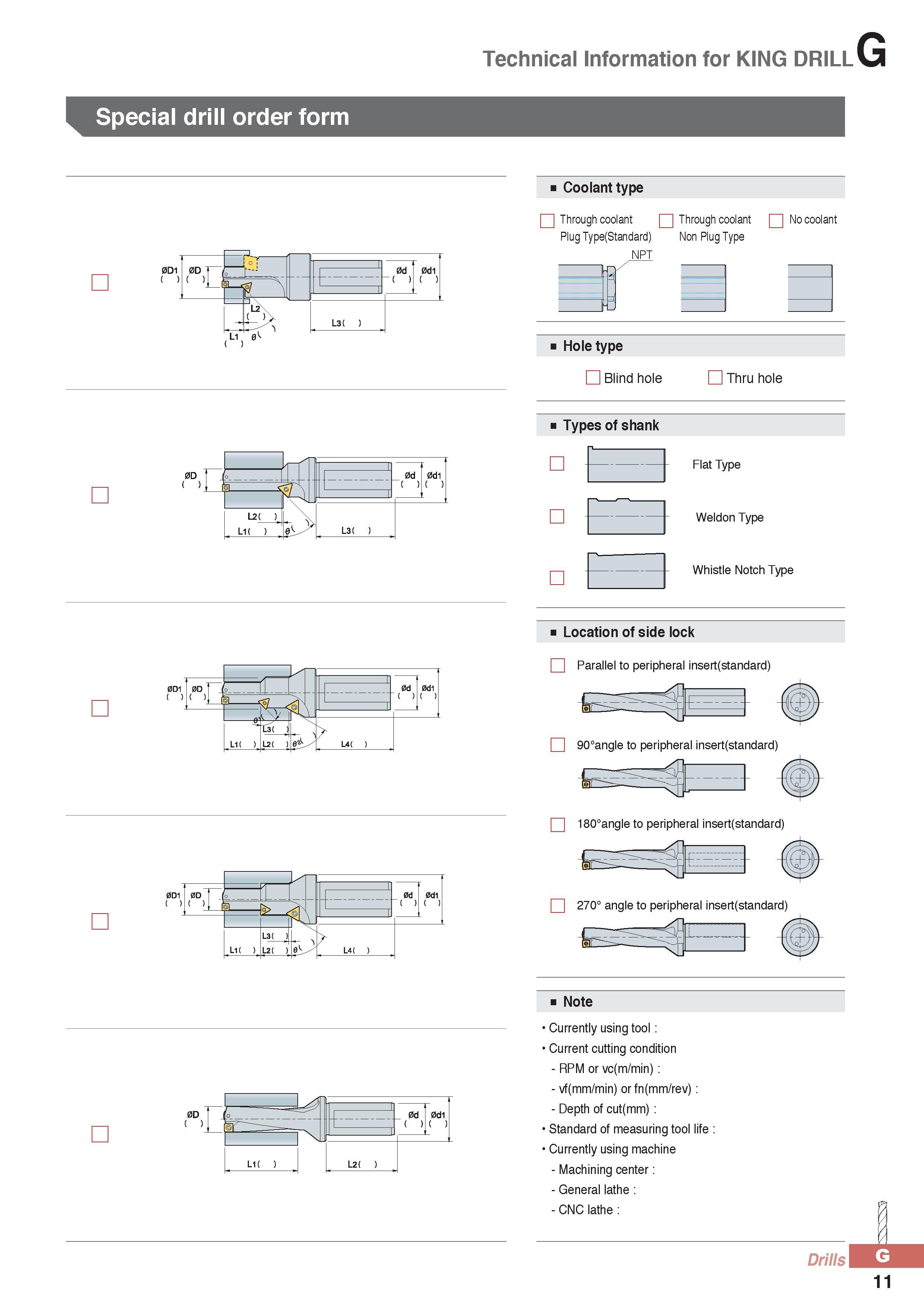 836 Technical Information for KING DRILL Special drill order form 0D1 ( ) 0D T ( n L1 ( ) 0d 0di ( ) ( ) L3( ) Coolant type Through coolant Q Through coolant Q Каталог KORLOY 2016 Металлорежущий инструмент для точения фрезерования сверления и инструментальная станочная оснастка для металлообрабатывающих станков Стр. G11