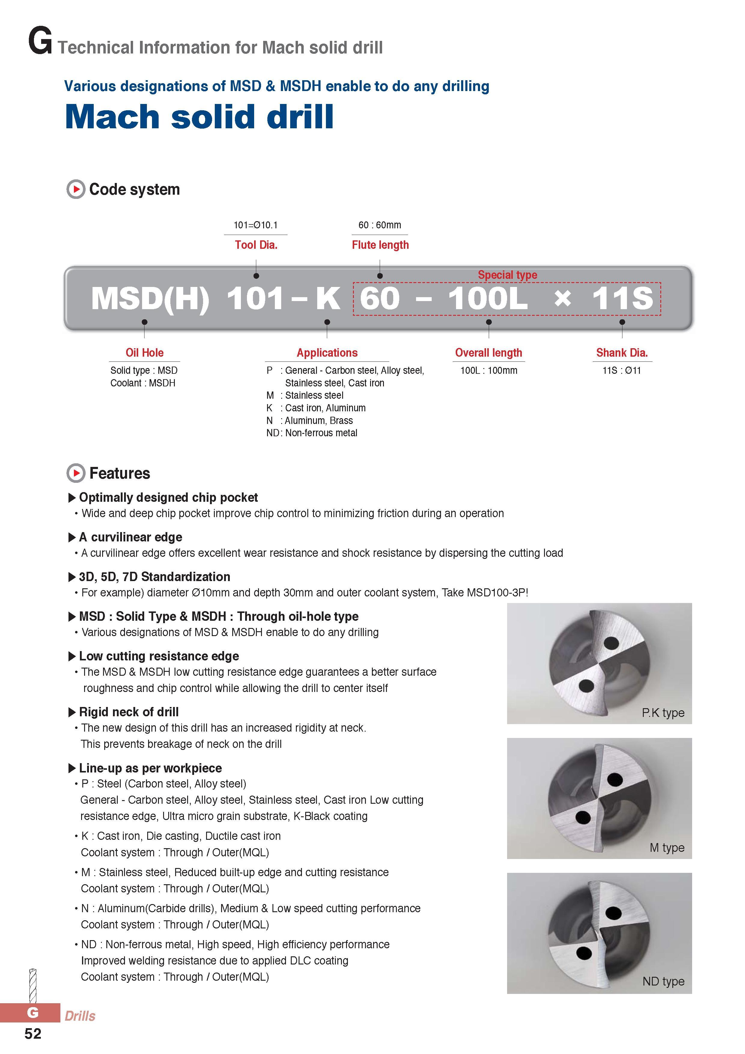 877 G Technical Information for Mach solid drill Various designations of MSD & MSDH enable to do any drilling Mach solid drill Code system 101=010 1 60 60mm To Каталог KORLOY 2016 Металлорежущий инструмент для точения фрезерования сверления и инструментальная станочная оснастка для металлообрабатывающих станков Стр. G52
