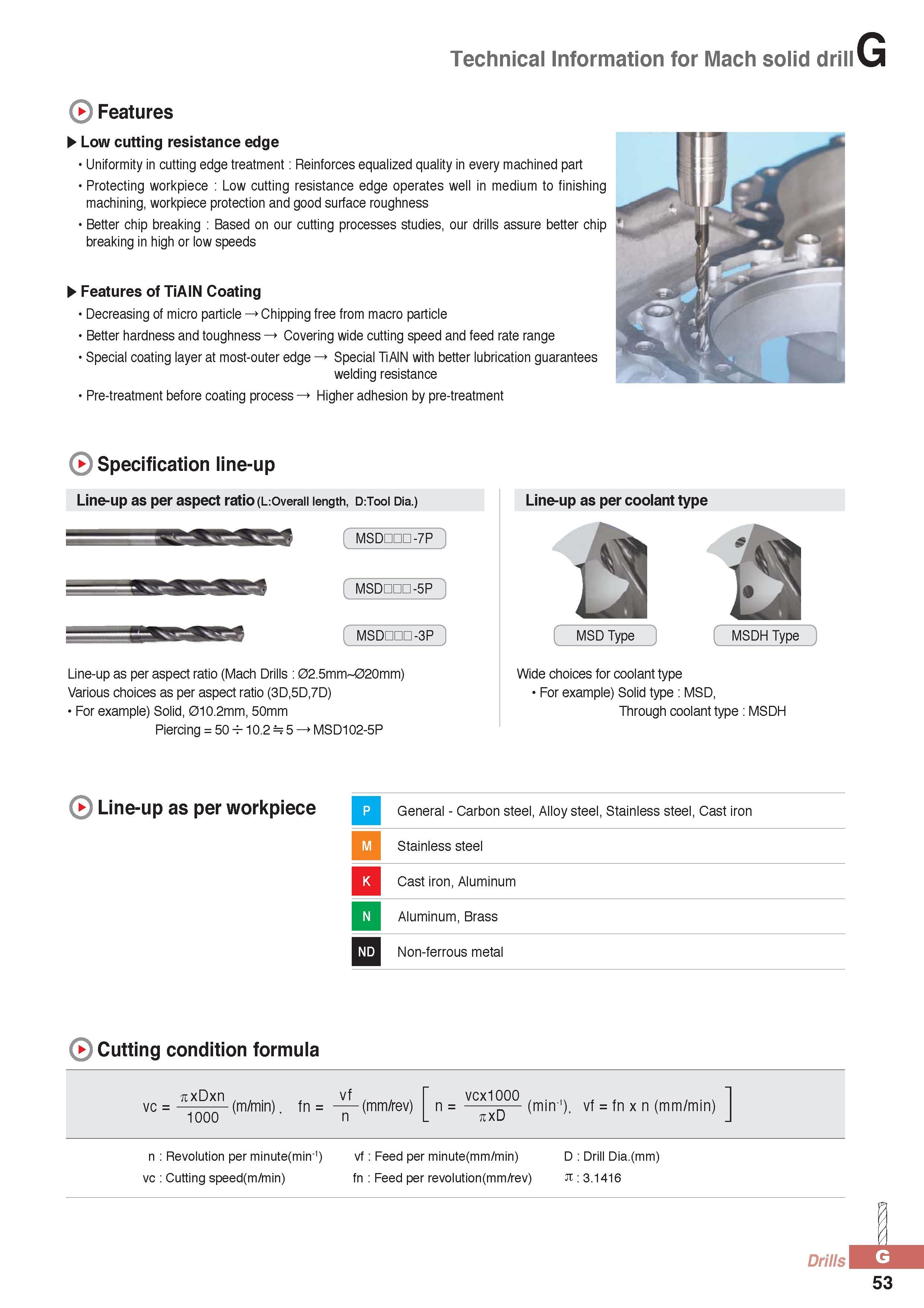 878 Technical Information for Mach solid drill Features Low cutting resistance edge Uniformity in cutting edge treatment: Reinforces equalized quality in every Каталог KORLOY 2016 Металлорежущий инструмент для точения фрезерования сверления и инструментальная станочная оснастка для металлообрабатывающих станков Стр. G53