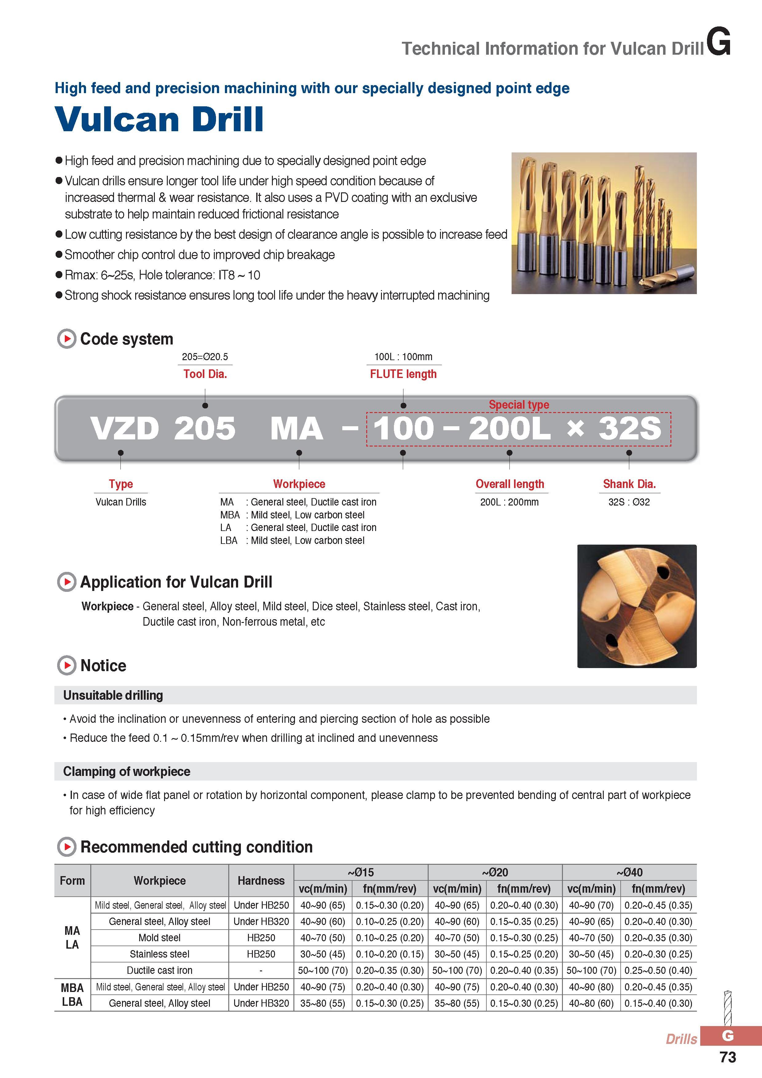 898 Technical Information for Vulcan Drill High feed and precision machining with our specially designed point edge Vulcan Drill > High feed and precision mach Каталог KORLOY 2016 Металлорежущий инструмент для точения фрезерования сверления и инструментальная станочная оснастка для металлообрабатывающих станков Стр. G73