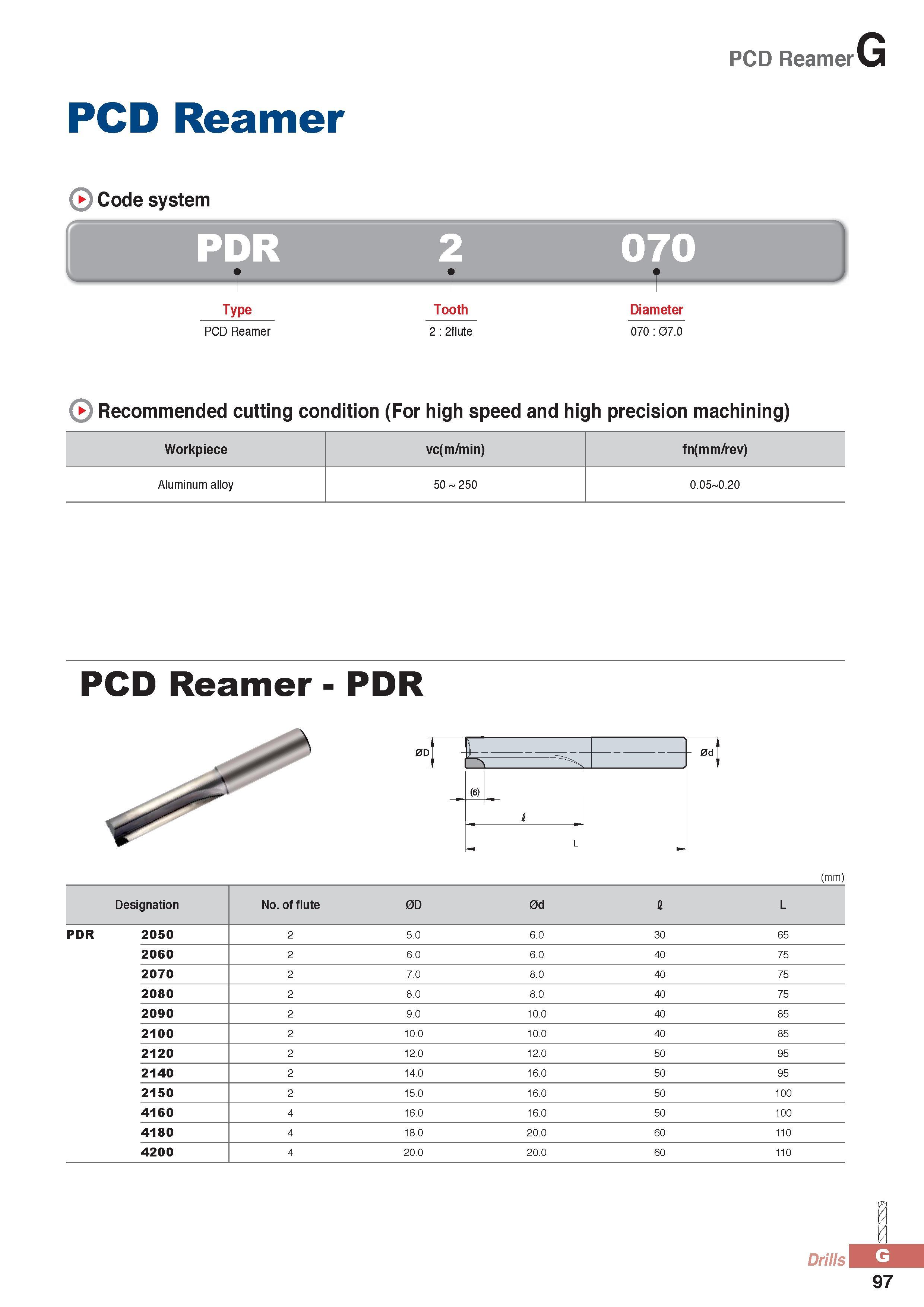 922 PCD Reamer PCD Reamer Code system 070 Type PCD Reamer Tooth 2 2flute Diameter 070 07 0 2 Recommended cutting condition (For high speed and high precision m Каталог KORLOY 2016 Металлорежущий инструмент для точения фрезерования сверления и инструментальная станочная оснастка для металлообрабатывающих станков Стр. G97