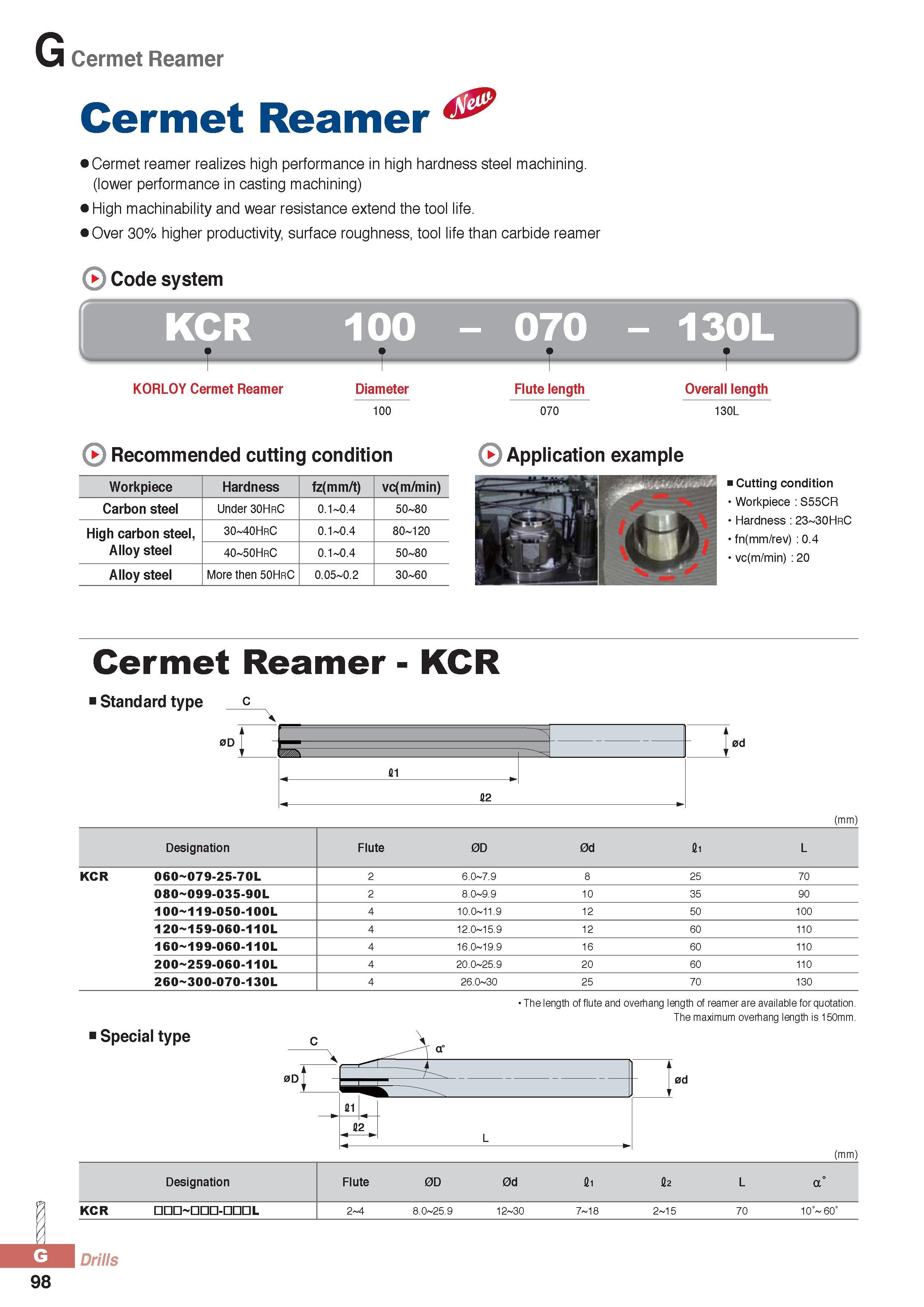 923 Cermet Reamer Cermet Reamer Cermet reamer realizes high performance in high hardness steel machining (lower performance in casting machining) High machinab Каталог KORLOY 2016 Металлорежущий инструмент для точения фрезерования сверления и инструментальная станочная оснастка для металлообрабатывающих станков Стр. G98
