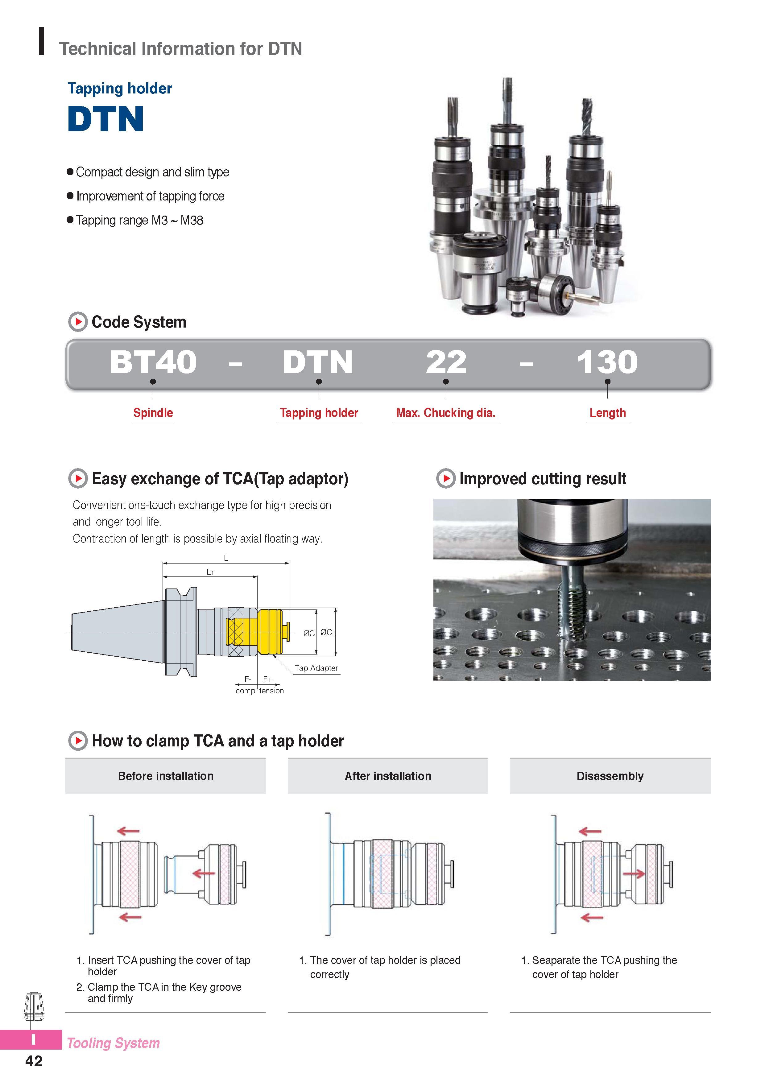 983 Technical Information for DTN Tapping holder DTN Compact design and slim type Improvement of tapping force Tapping range M3 M38 Code System T, 1 BT40 - DTN Каталог KORLOY 2016 Металлорежущий инструмент для точения фрезерования сверления и инструментальная станочная оснастка для металлообрабатывающих станков Стр. I42