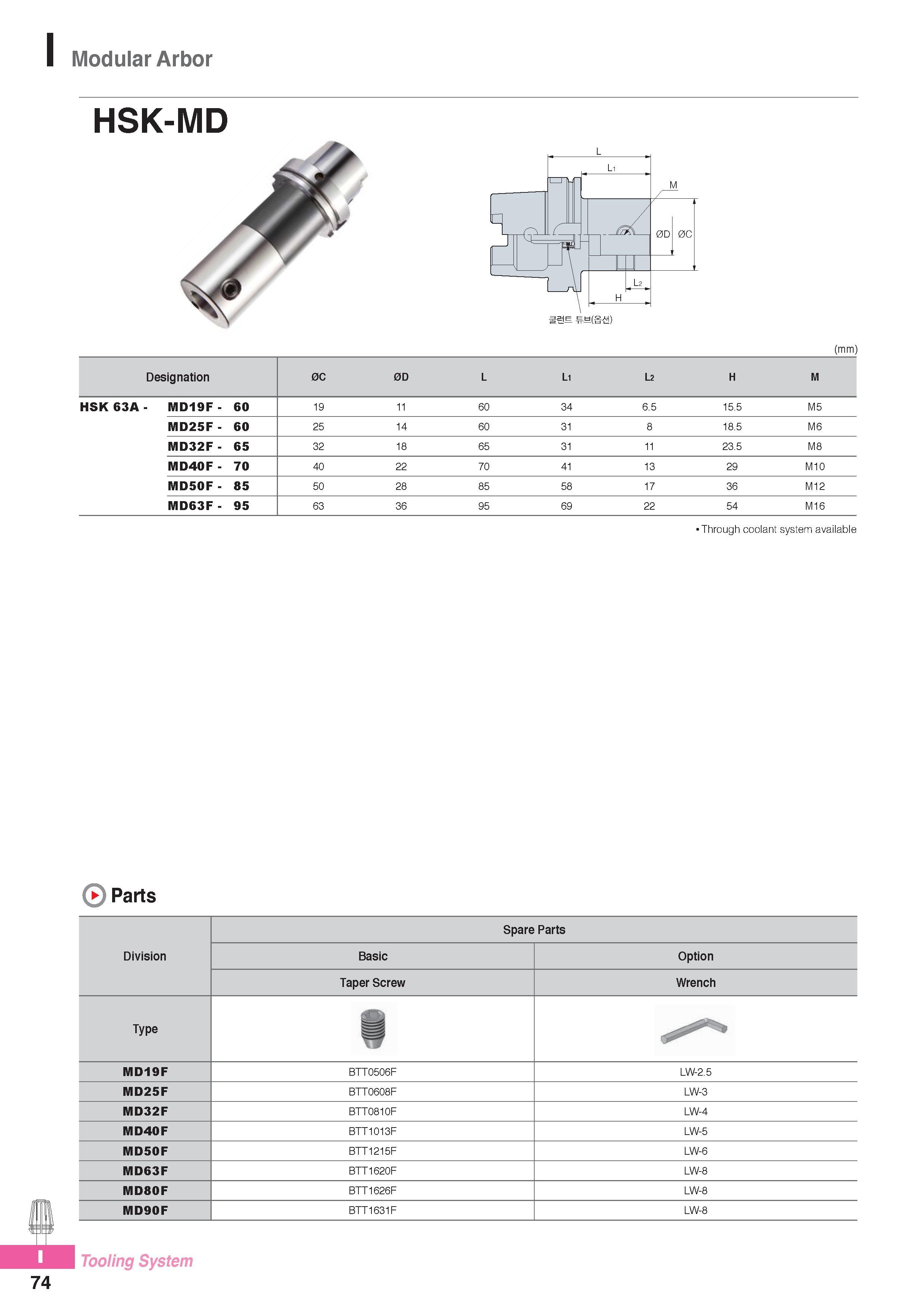 1015 Modular Arbor HSK-MD (mm) Designation 0C 0D L Li L2 H M HSK 63A - MD19F - 60 19 11 60 34 6 5 15 5 M5 MD25F - 60 25 14 60 31 8 18 5 M6 MD32F - 65 32 18 65 3 Каталог KORLOY 2016 Металлорежущий инструмент для точения фрезерования сверления и инструментальная станочная оснастка для металлообрабатывающих станков Стр. I74
