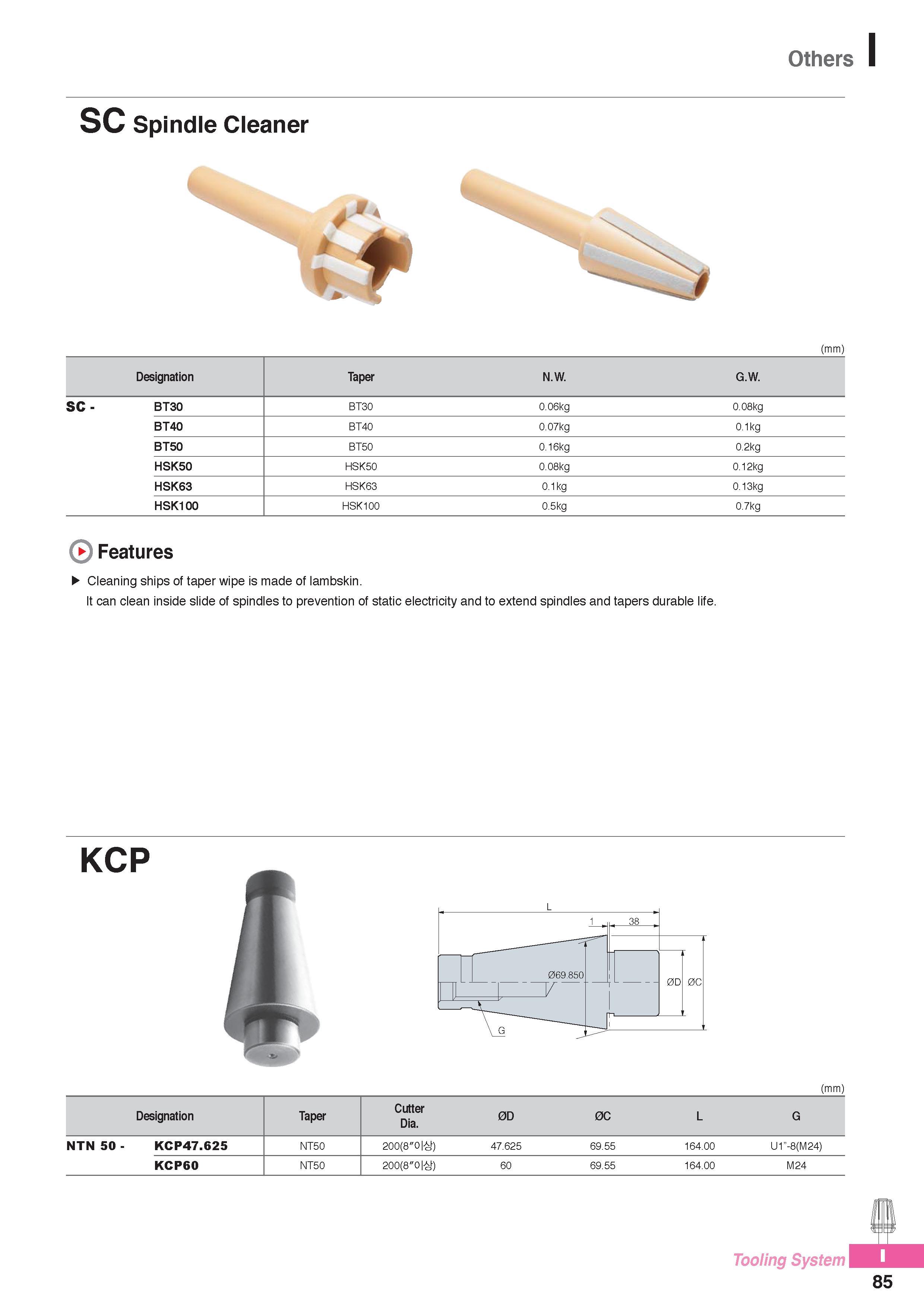 1026 Others SC Spindle Cleaner (mm) Designation Taper N W G W SC - BT30 BT30 0 06kg 0 08kg BT40 BT40 0 07kg 0 1kg BT50 BT50 0 16kg 0 2kg HSK50 HSK50 0 08kg 0 12 Каталог KORLOY 2016 Металлорежущий инструмент для точения фрезерования сверления и инструментальная станочная оснастка для металлообрабатывающих станков Стр. I85