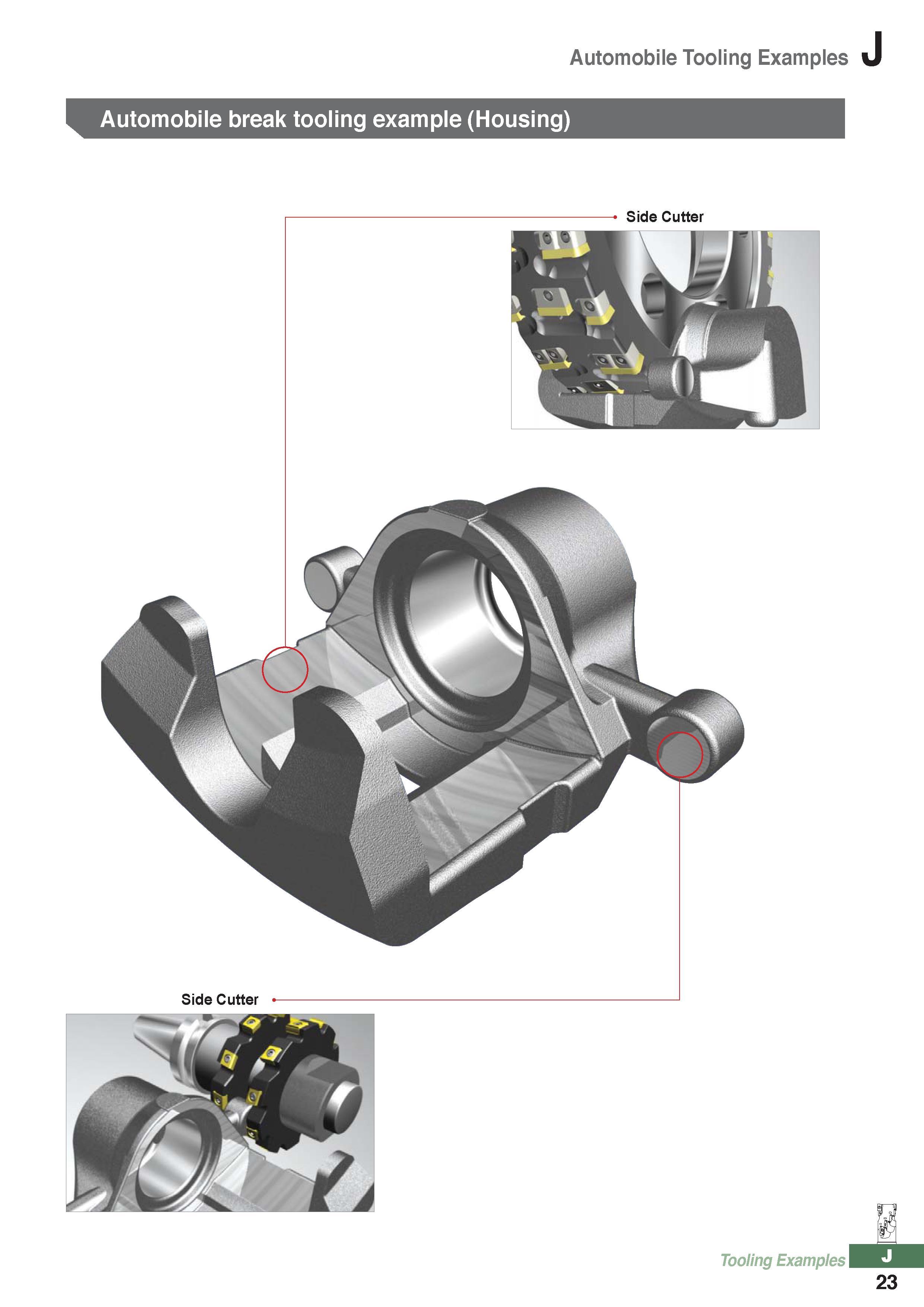 1052 Automobile Tooling Examples Automobile break tooling example (Housing) Side Cutter Side Cutter Tooling Examples J 23 Каталог KORLOY 2016 Металлорежущий инструмент для точения фрезерования сверления и инструментальная станочная оснастка для металлообрабатывающих станков Стр. J23