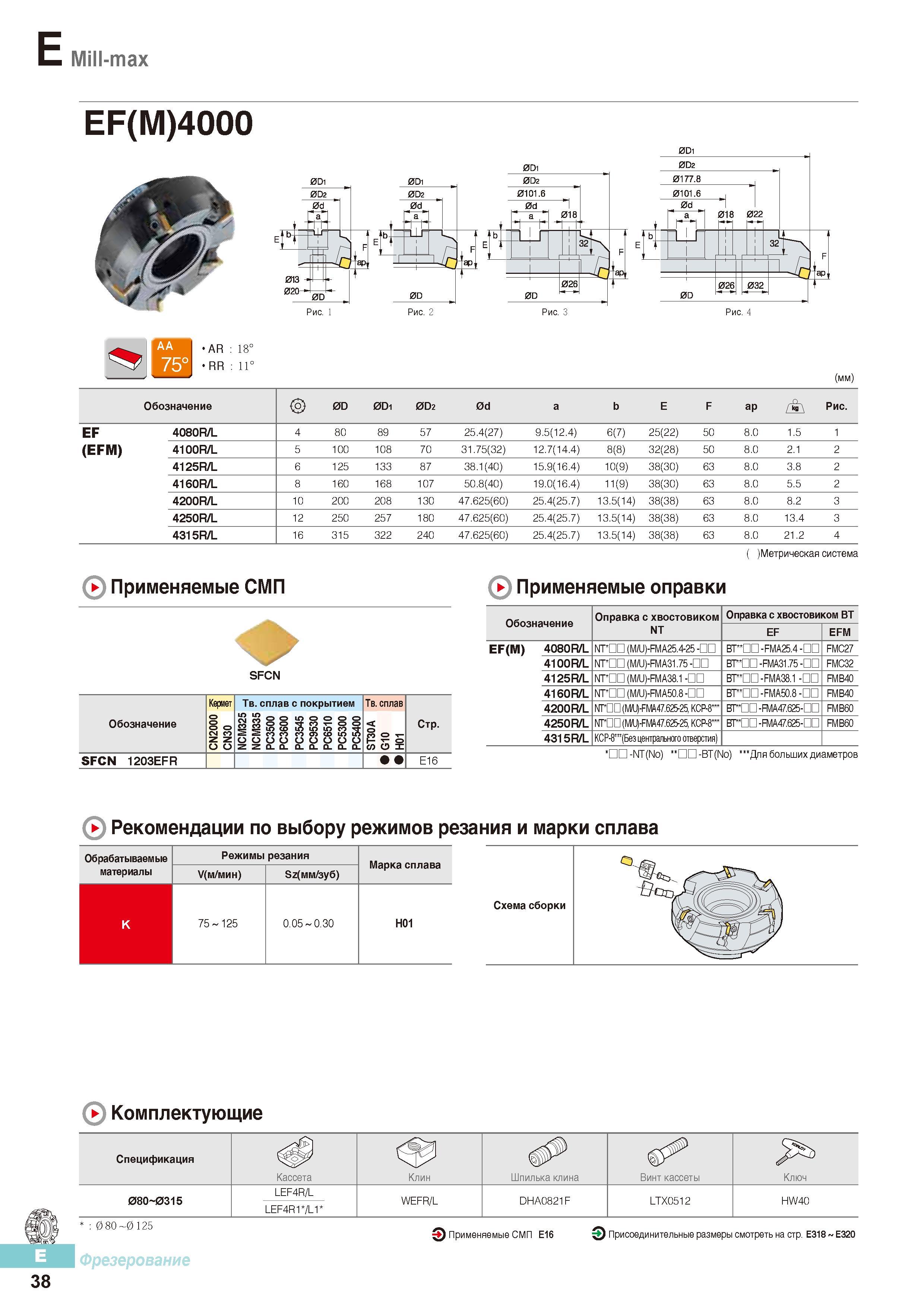 425 Торцевые фрезы по металлу Korloy Mill-max EF(M)4000 с режущими твердосплавными фрезерными пластинами Общий вид Присоединительные размеры Каталог KORLOY 2016 Металлорежущий инструмент и инструментальная оснастка для токарных фрезерных резьбонарезных сверлильных расточных технологических операций на станках Стр. E38