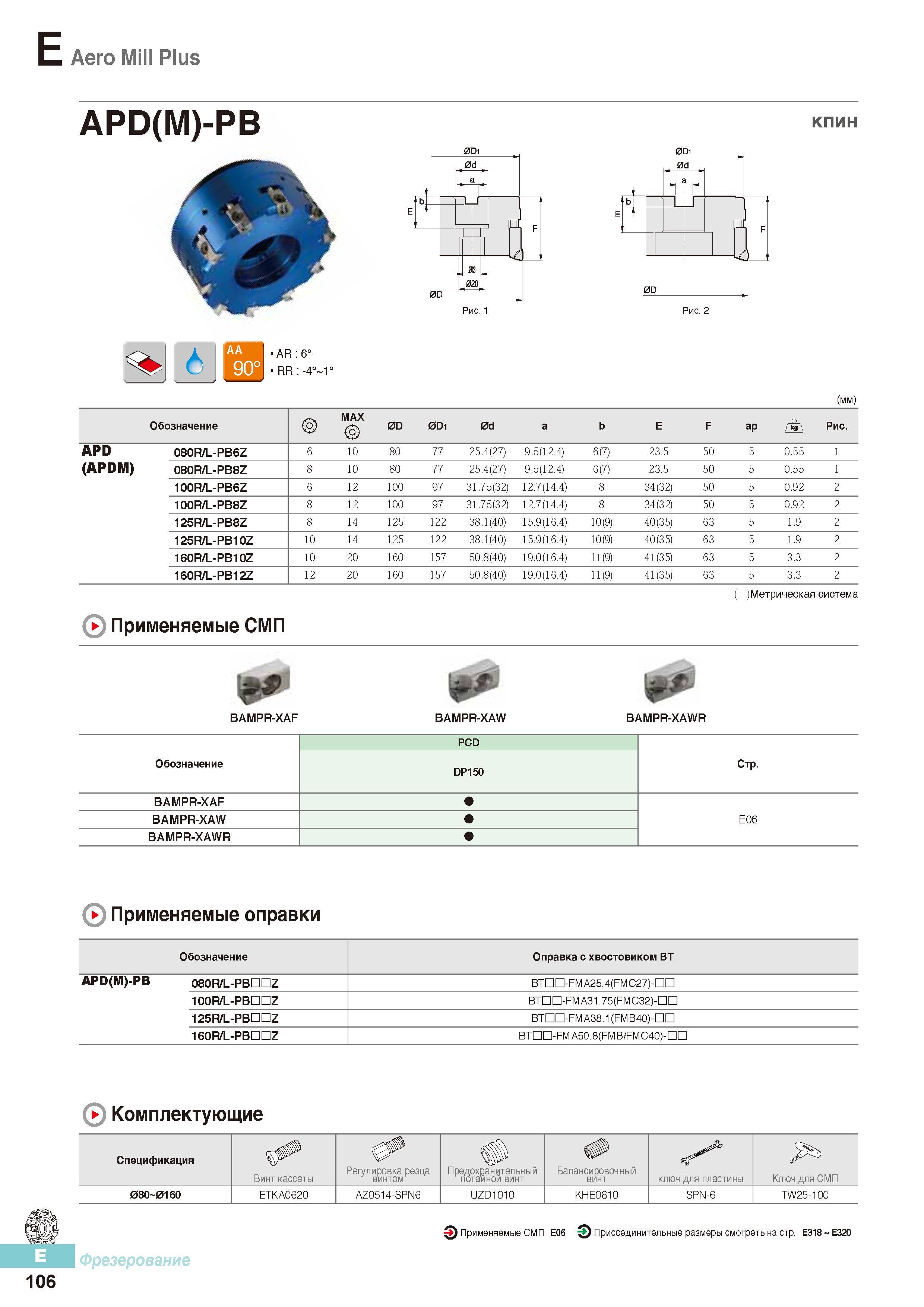 493 Фрезы Korloy с СРП Aero Mill Plus APD(M)-PB Каталог KORLOY 2016 Металлорежущий инструмент и инструментальная оснастка для токарных фрезерных резьбонарезных сверлильных расточных технологических операций на станках Стр. E106
