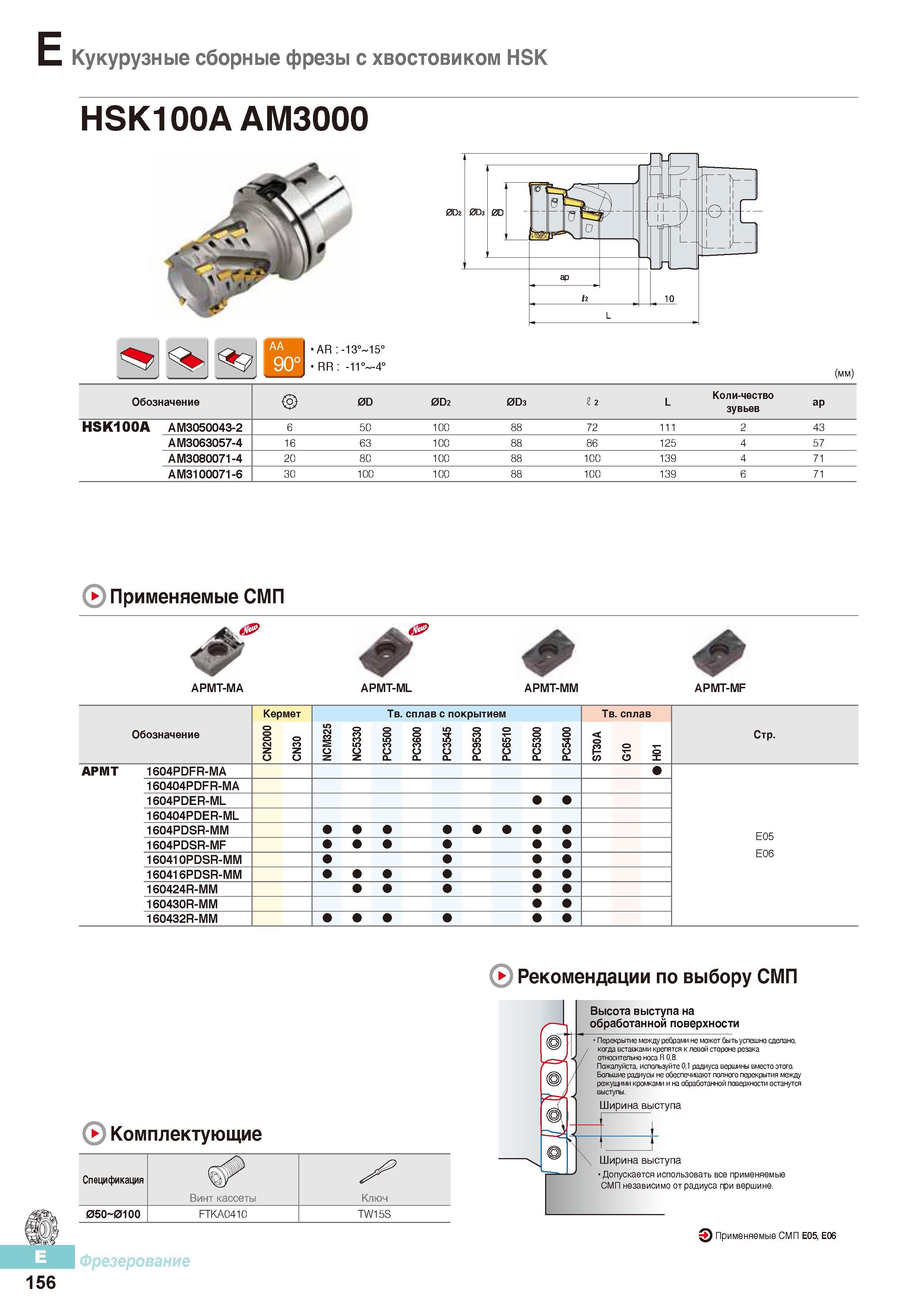543 Кукурузные сборные фрезы Korloy с хвостовиком HSK100A АМ3000 Каталог KORLOY 2016 Металлорежущий инструмент и инструментальная оснастка для токарных фрезерных резьбонарезных сверлильных расточных технологических операций на станках Стр. E156