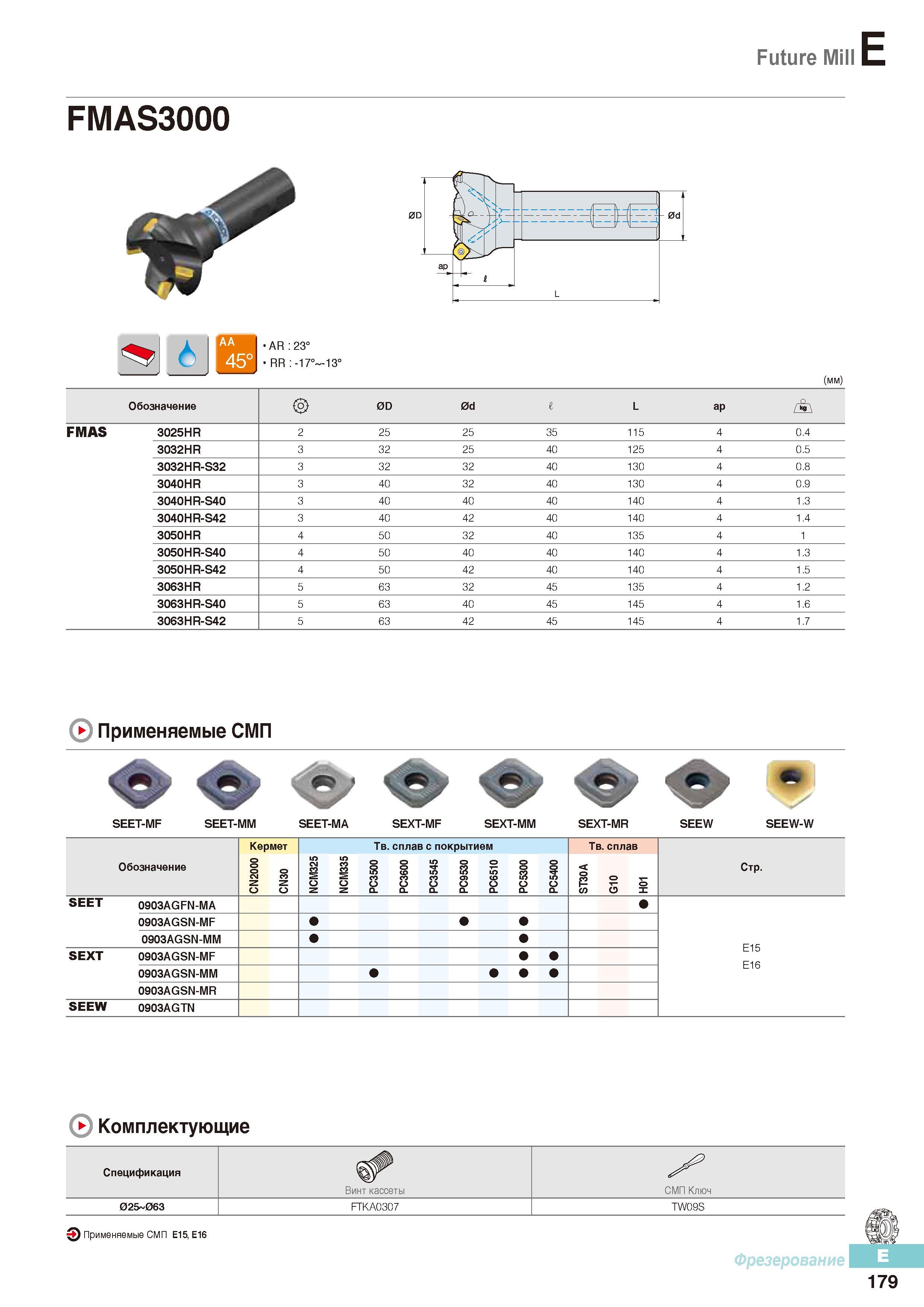 566 Фрезы Korloy Future Mill FMAS3000 Каталог KORLOY 2016 Металлорежущий инструмент и инструментальная оснастка для токарных фрезерных резьбонарезных сверлильных расточных технологических операций на станках Стр. E179