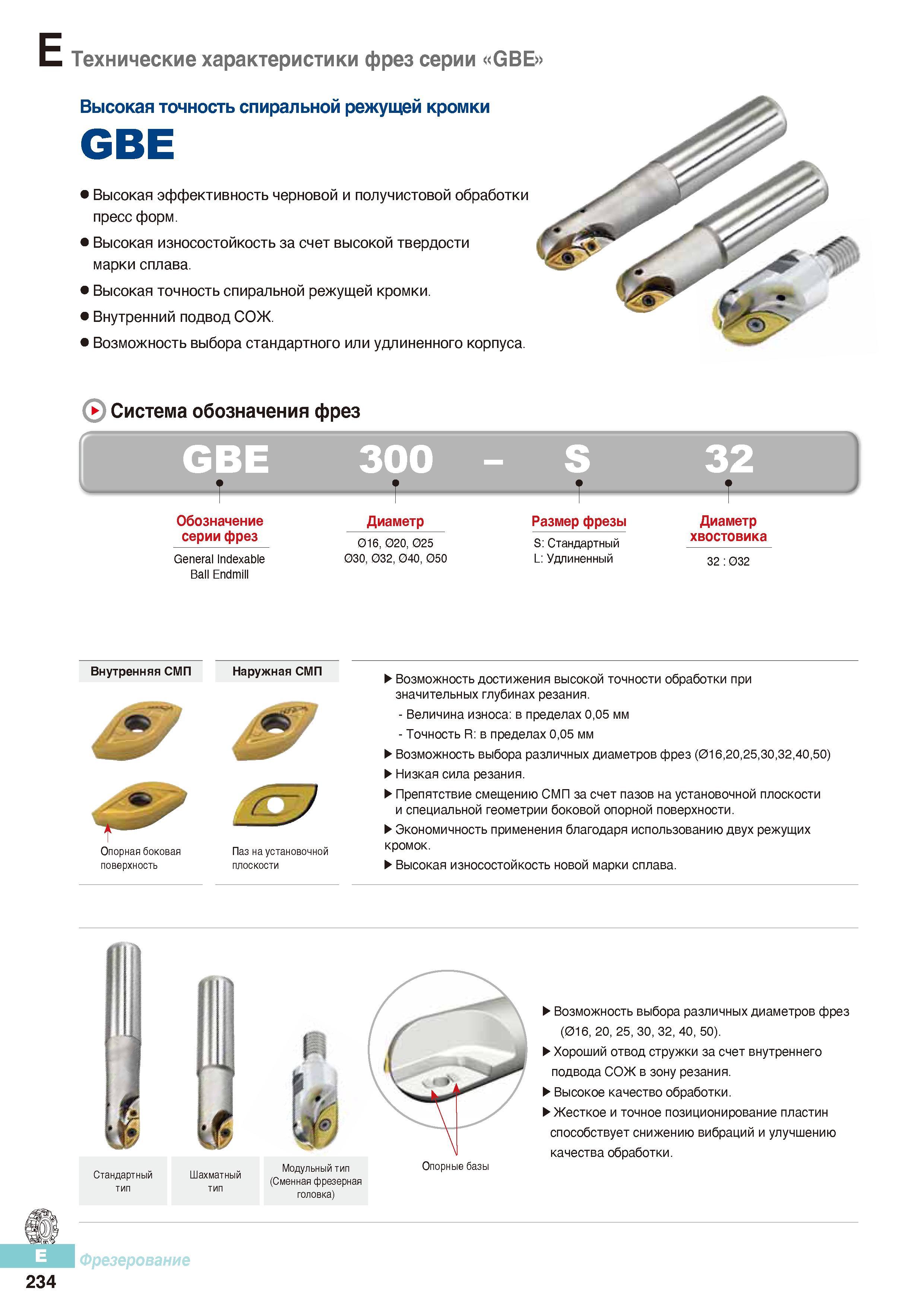621 Высокая точность спиральной режущей кромки Korloy GBE Высокая эффективность черновой и получистовой обработки пресс форм Высокая износостойкость Каталог KORLOY 2016 Металлорежущий инструмент и инструментальная оснастка для токарных фрезерных резьбонарезных сверлильных расточных технологических операций на станках Стр. E234