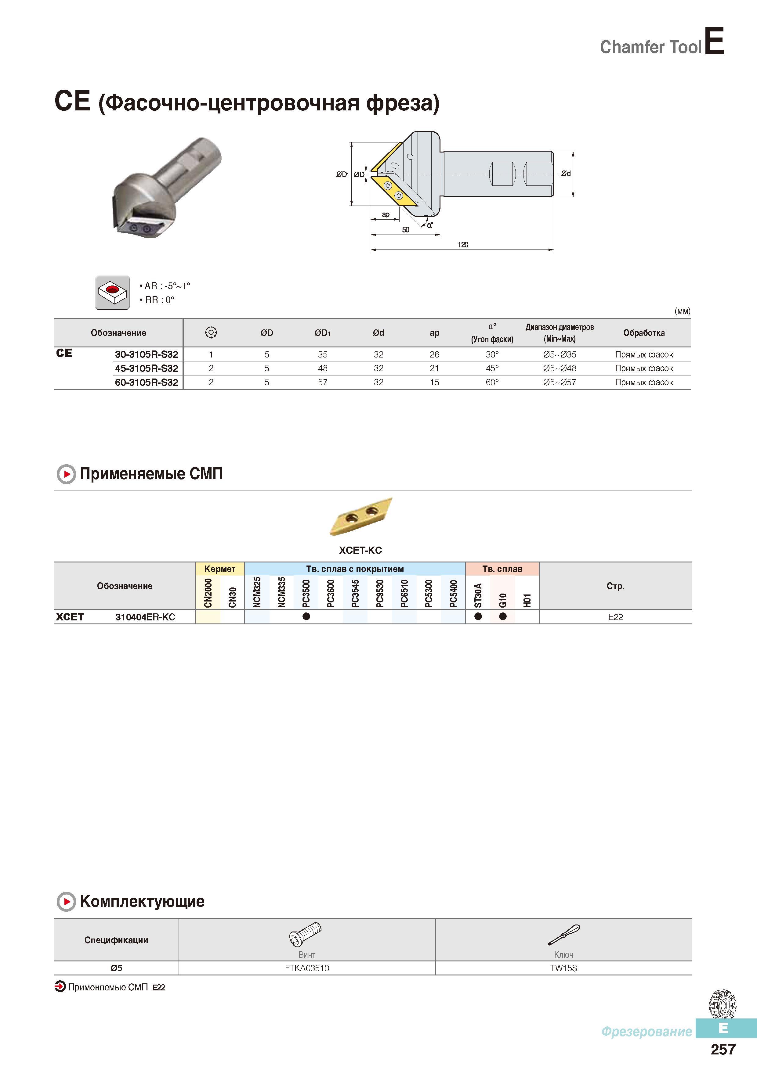 644 Фрезерный инструмент Korloy Chamfer Tool СЕ (Фасочно-центровочная фреза) Каталог KORLOY 2016 Металлорежущий инструмент и инструментальная оснастка для токарных фрезерных резьбонарезных сверлильных расточных технологических операций на станках Стр. E257