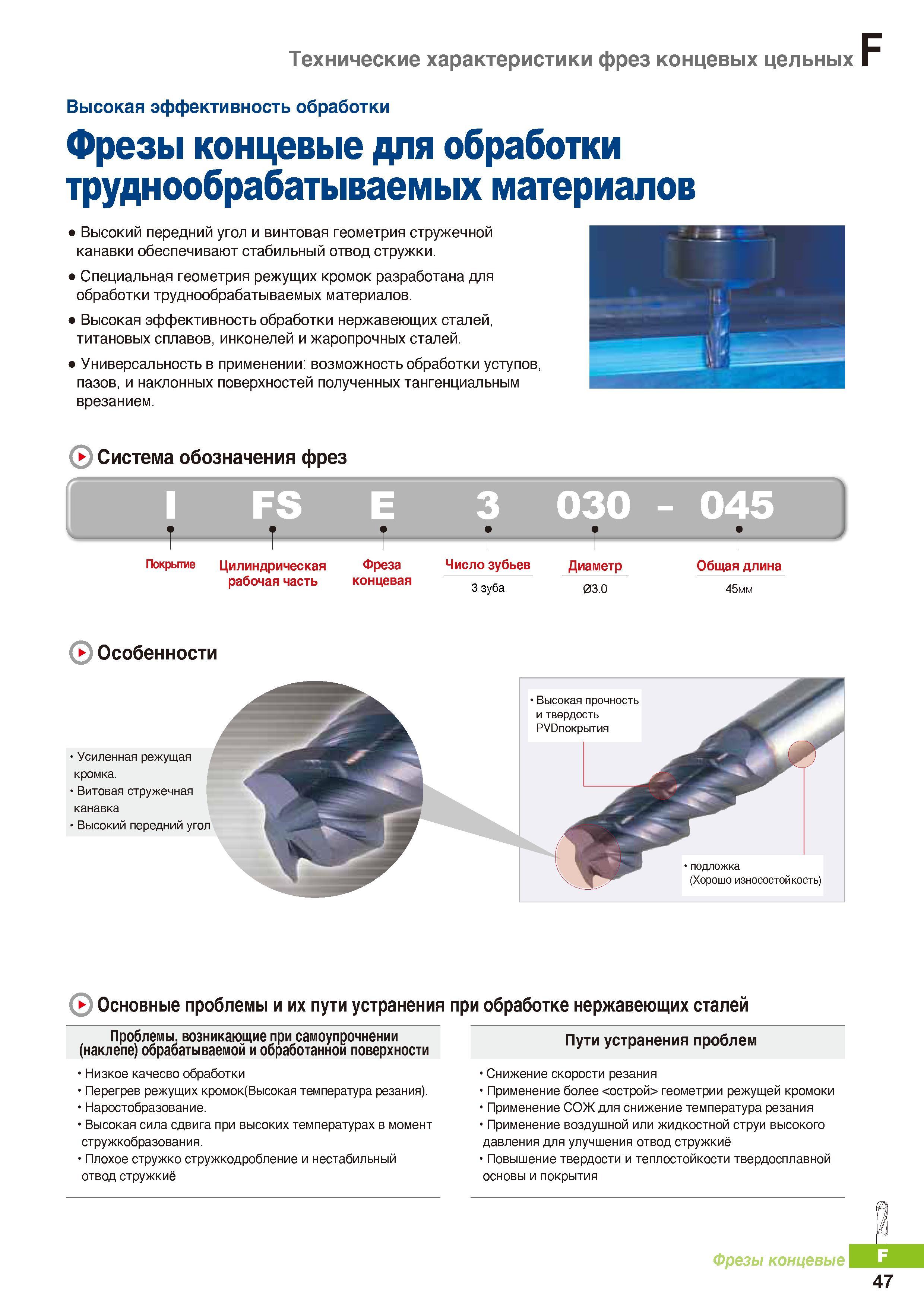 770 Фрезерование труднообрабатываемых материалов концевыми твердосплавными фрезами Korloy Особенности южнокорейского фрезерного инструмента Каталог KORLOY 2016 Металлорежущий инструмент и инструментальная оснастка для токарных фрезерных резьбонарезных сверлильных расточных технологических операций на станках Стр. F47